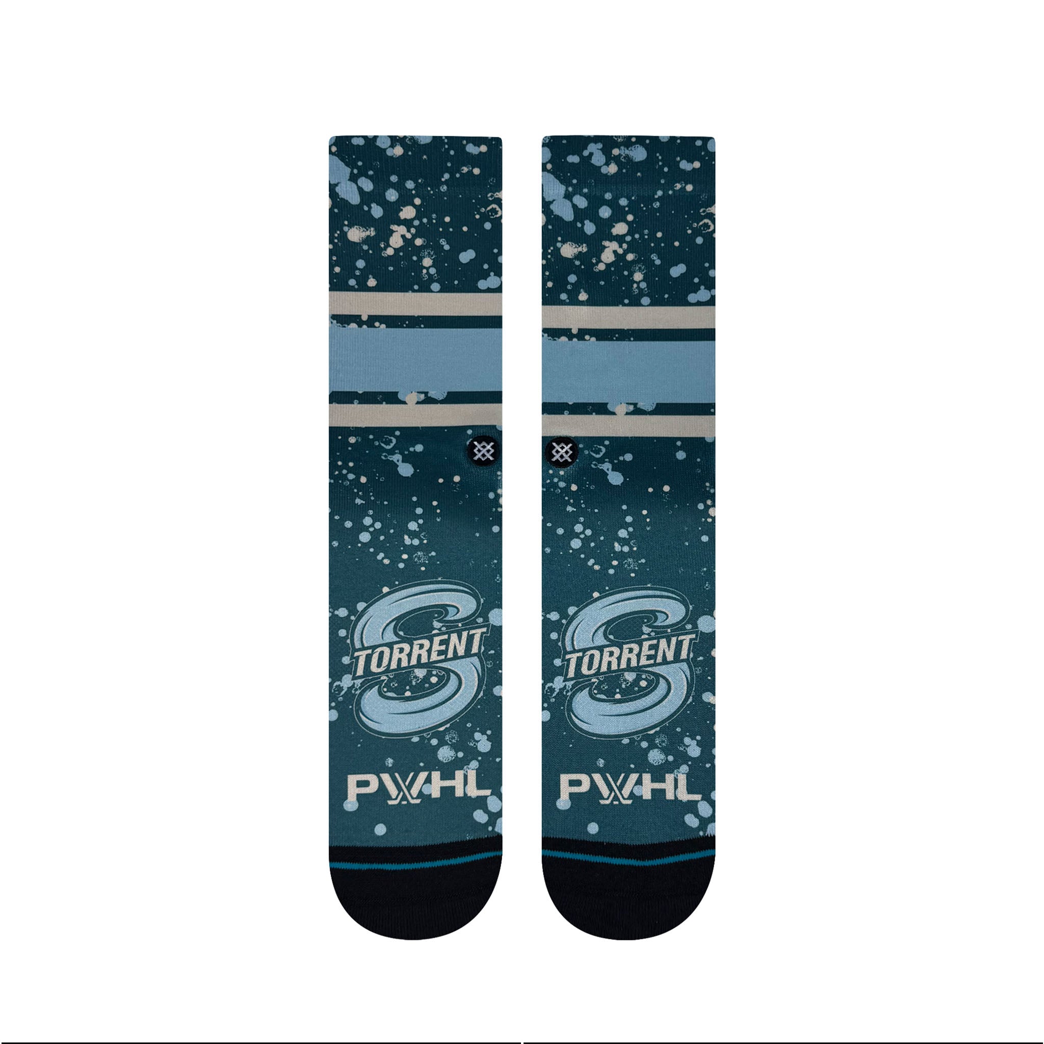 Pair of socks with a blue and black design featuring the 'Torrent' logo and 'PWHL' text on a white background.