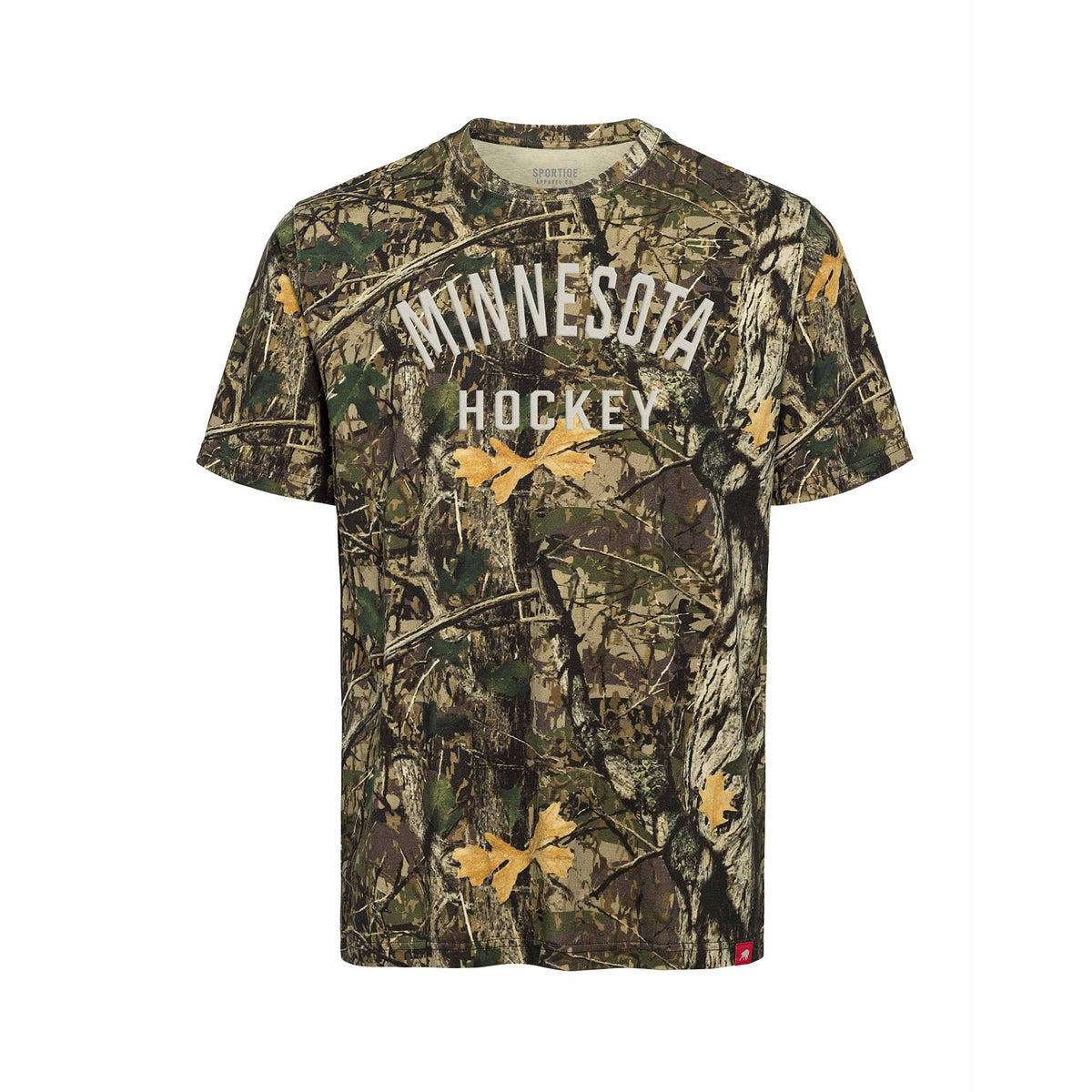 Front of a camouflage short sleeve shirt. 'MINNESOTA' is arched across the chest. A line reads 'HOCKEY' below it.