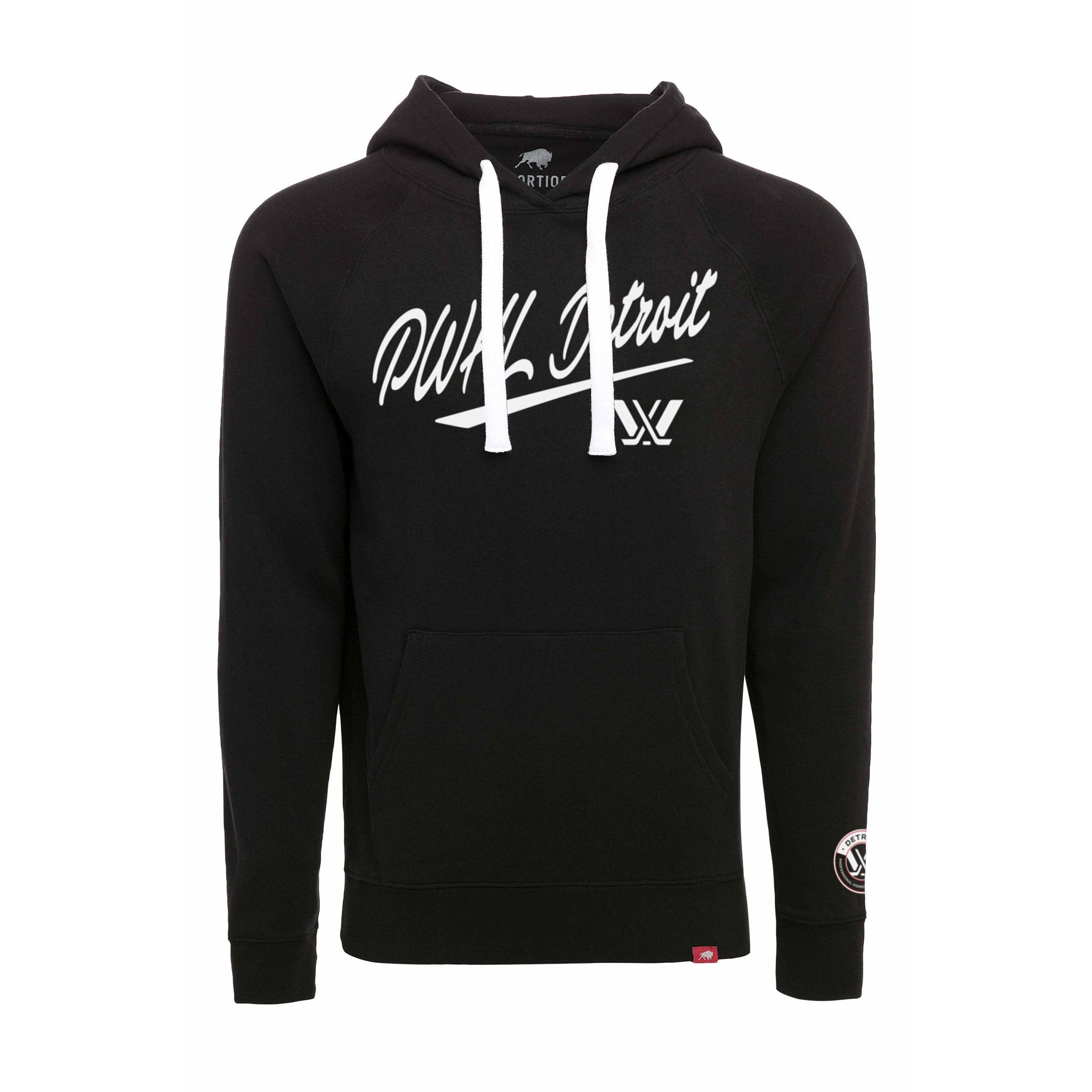 Black hoodie with white text and logo on a white background