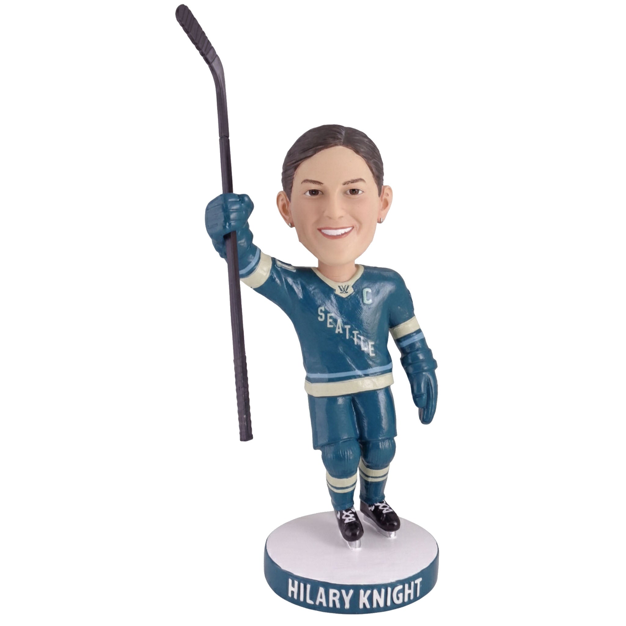 Hockey bobblehead figure in blue uniform with 'Seattle' on a white background