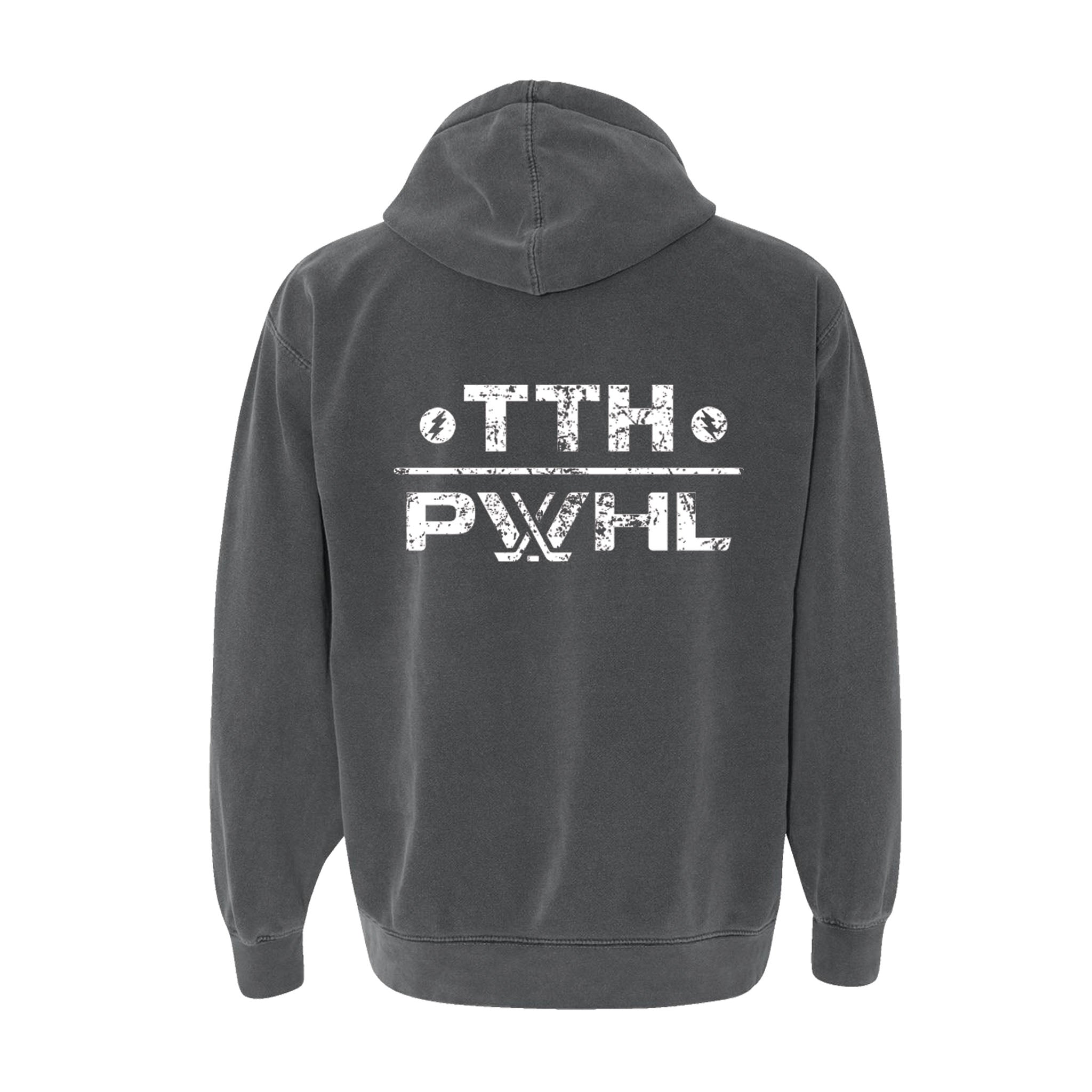 Gray hoodie with white text on the back on a white background