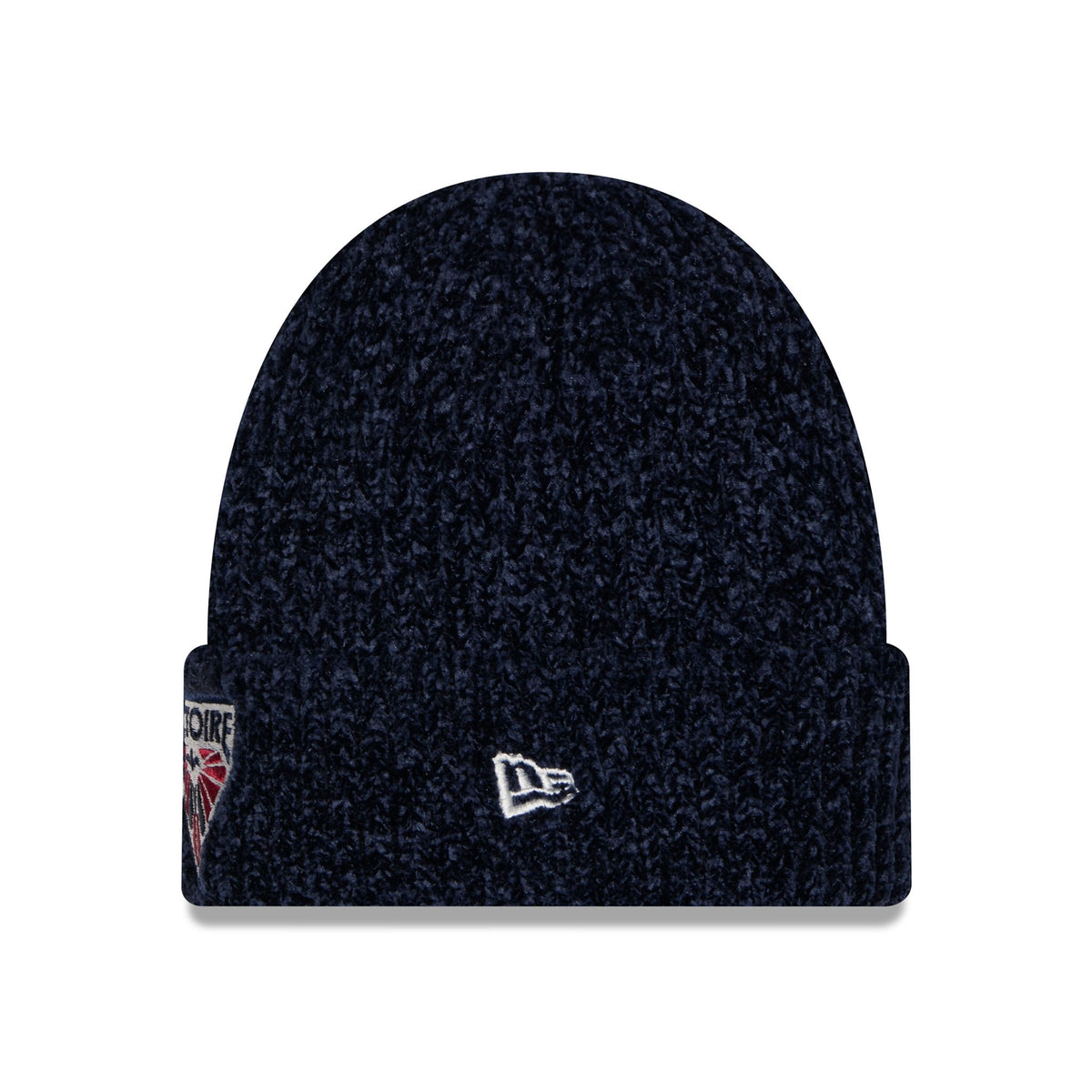 A dark navy blue heathered knit beanie hat with a folded cuff, featuring a small white embroidered New Era logo on the front and a team patch on the side, shown against a plain white background.