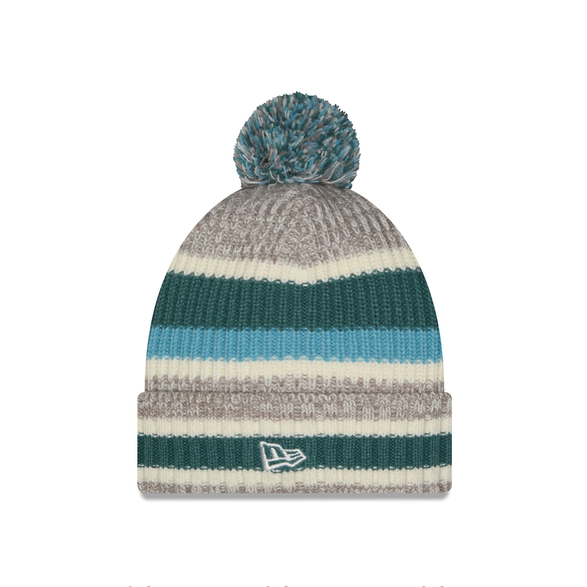 A striped knit beanie hat with a pom-pom on top, featuring horizontal bands of gray, cream, teal, and light blue, with a white New Era logo on the front cuff.