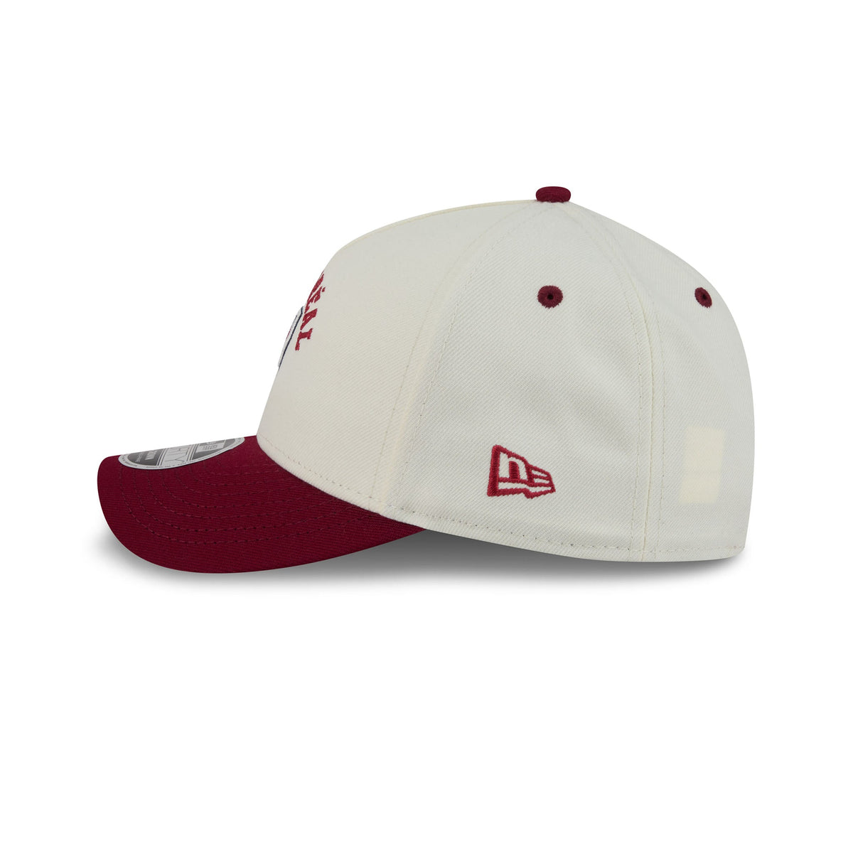 Two baseball caps, one red and one beige, on a white background