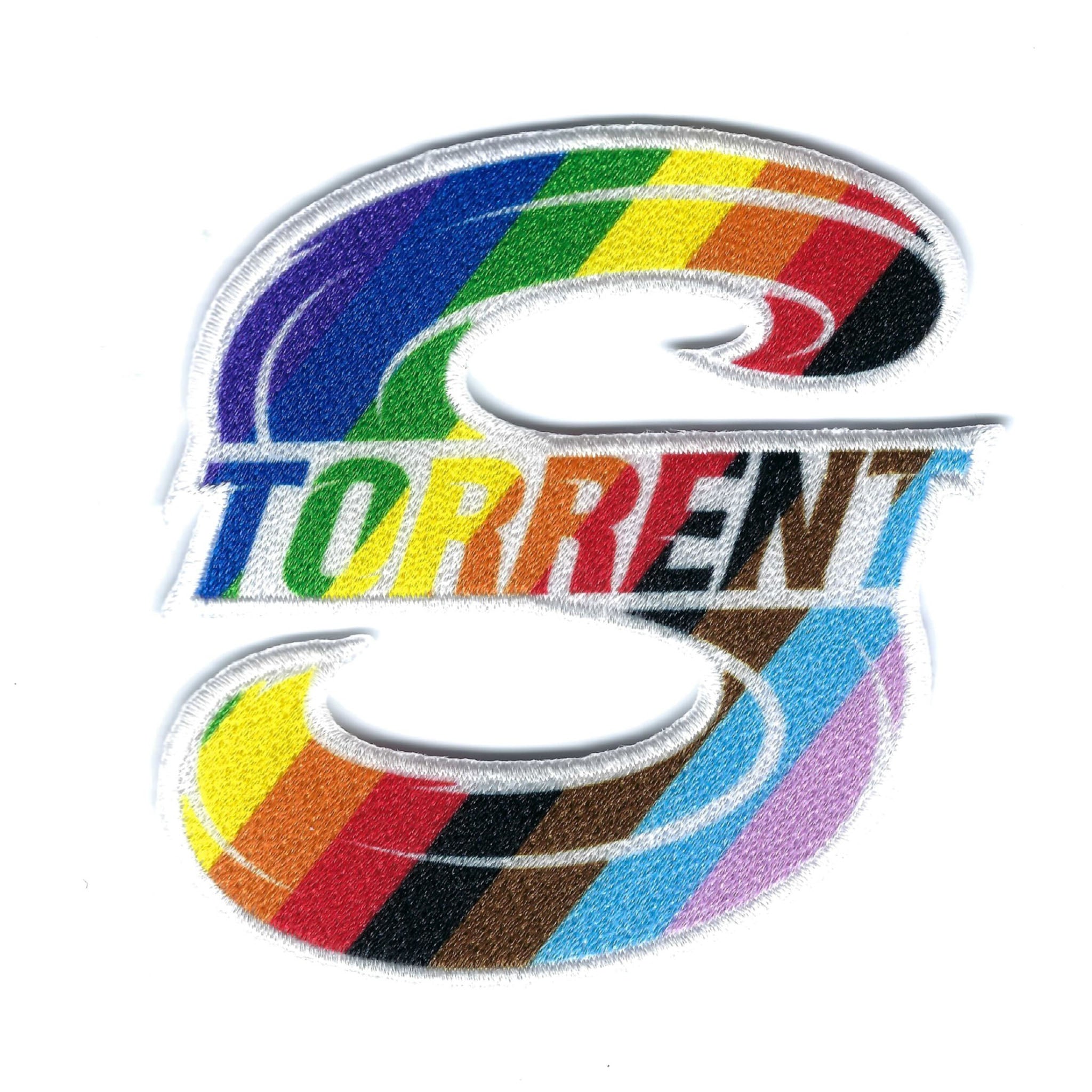 Colorful Torrent logo with rainbow stripes on a white background