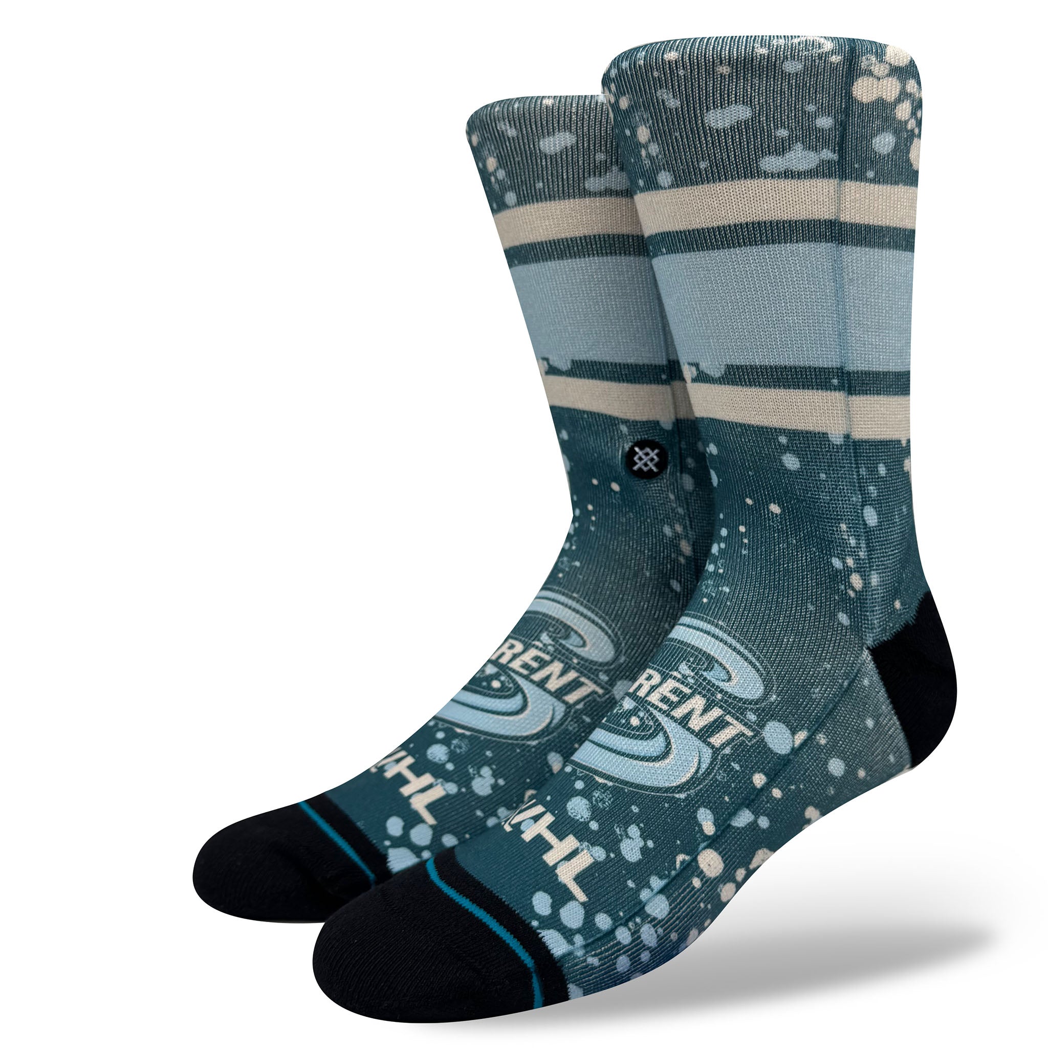 Two pairs of socks with a blue and gray pattern on a white background