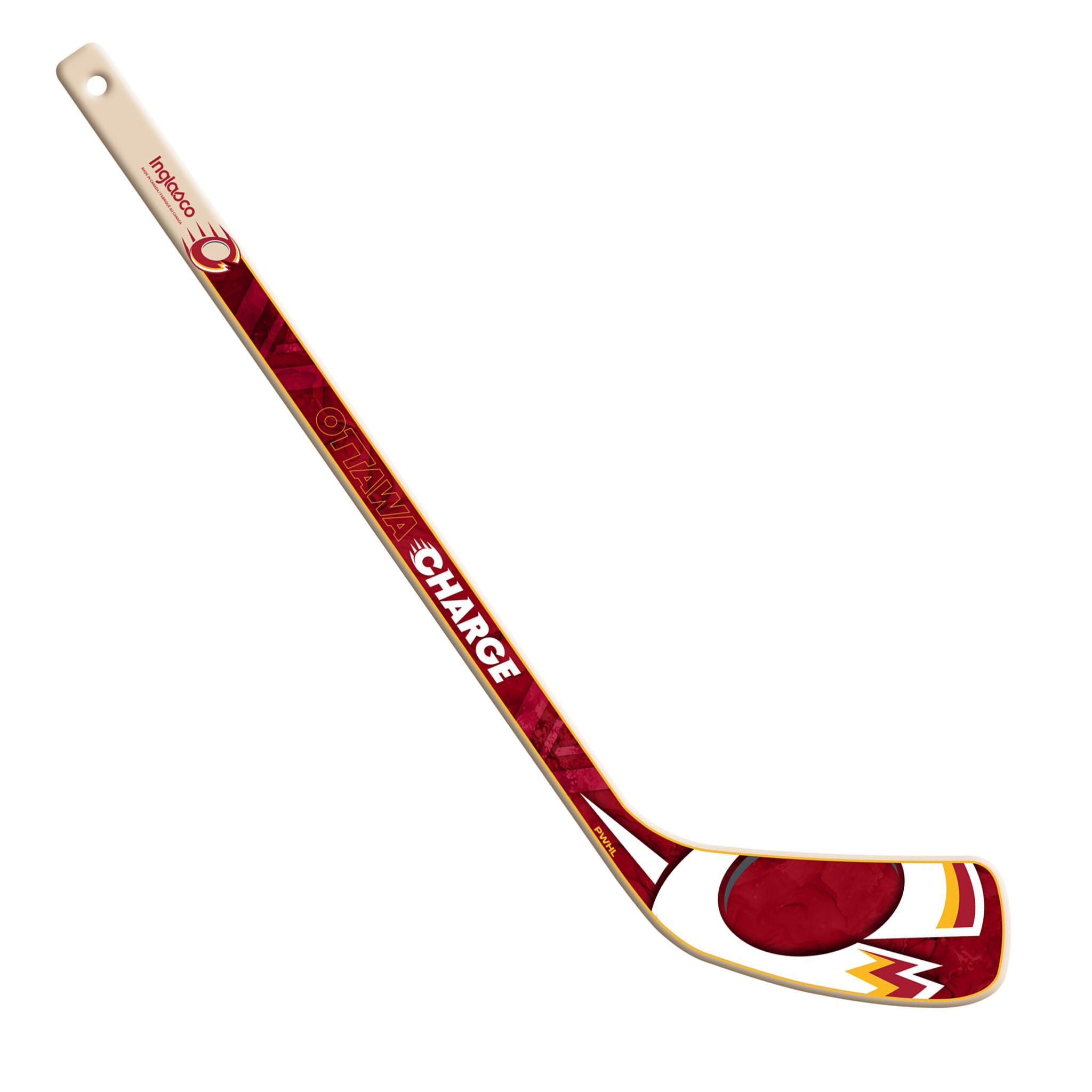 Maroon and white hockey stick with 'Charge' branding on a white background
