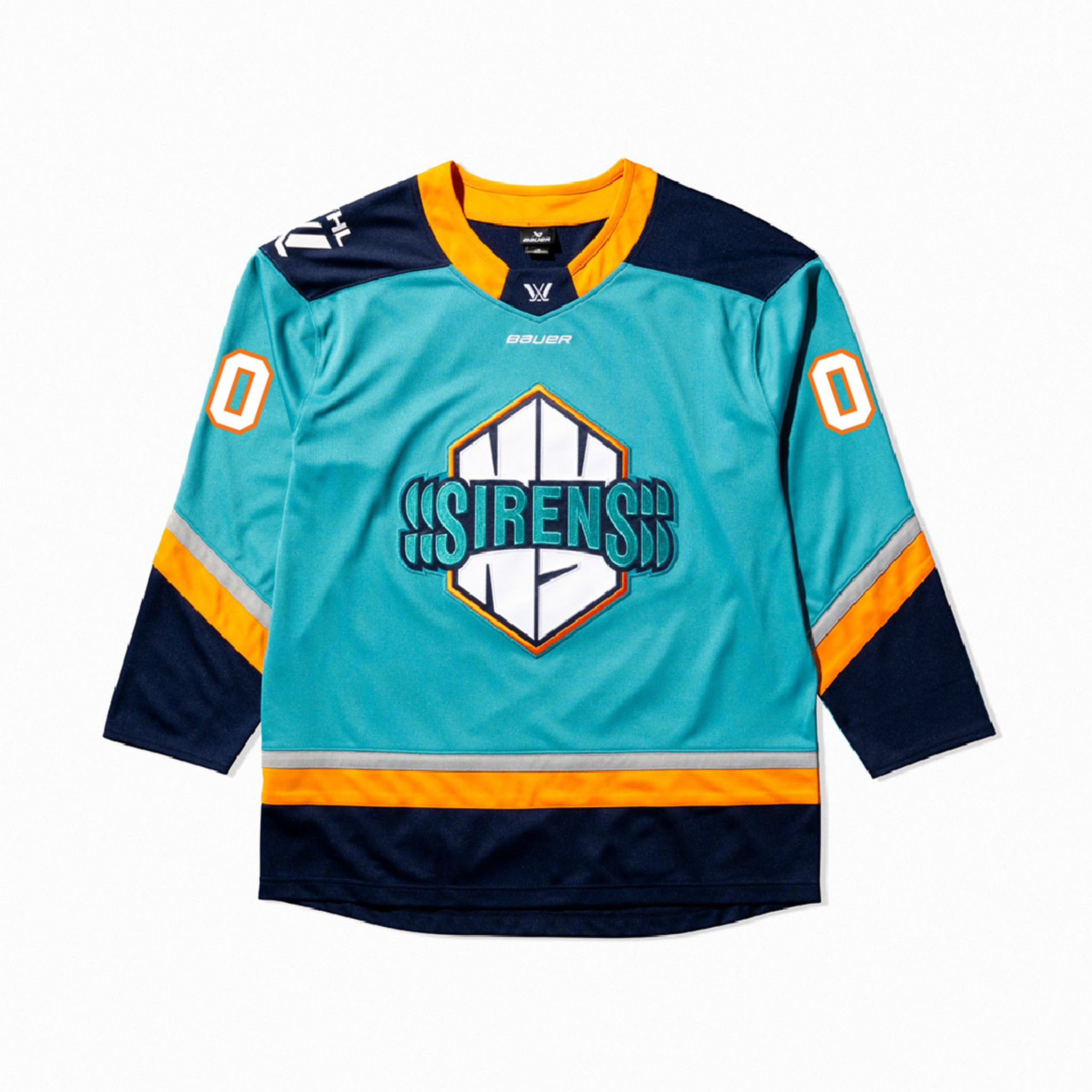 Teal hockey jersey with 'Sirens' logo on a white background