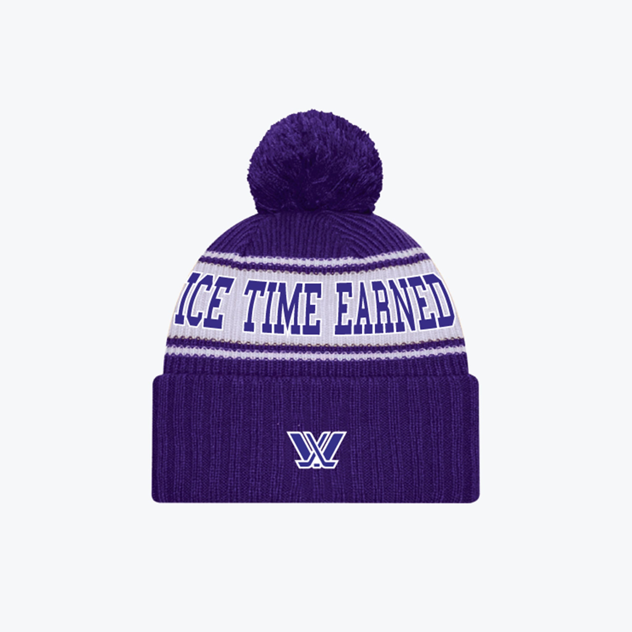 Purple beanie with pom-pom and 'ICE TIME EARNED' text on a white background