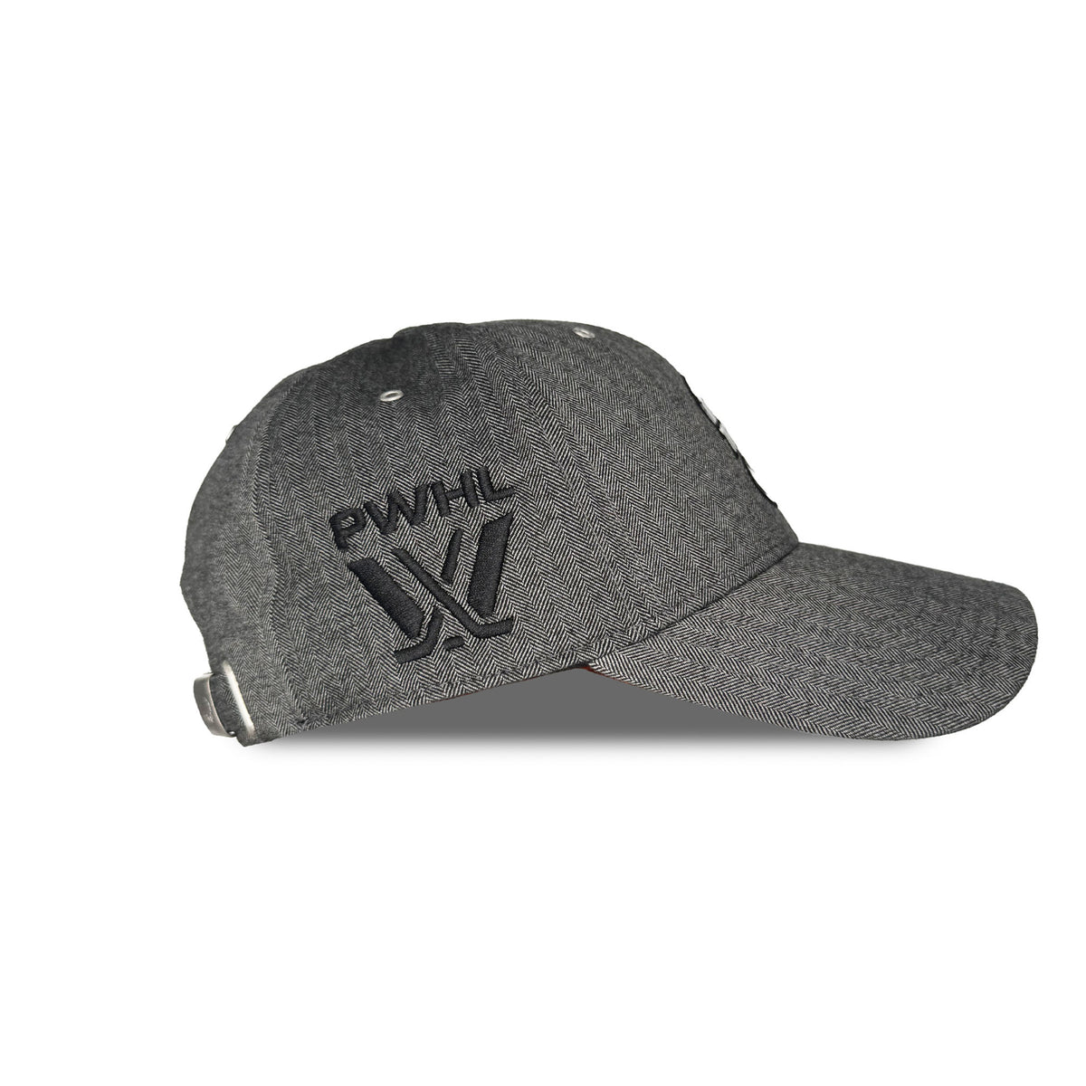 Side of a gray herringbone hat with a black PWHL logo embroidered.