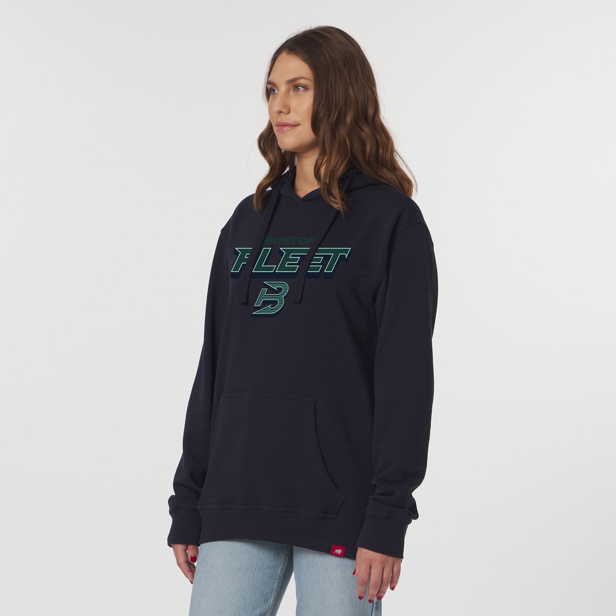 Adult Boston Fleet Sportiqe Velvet Logo Blake Hoodie on model side angle