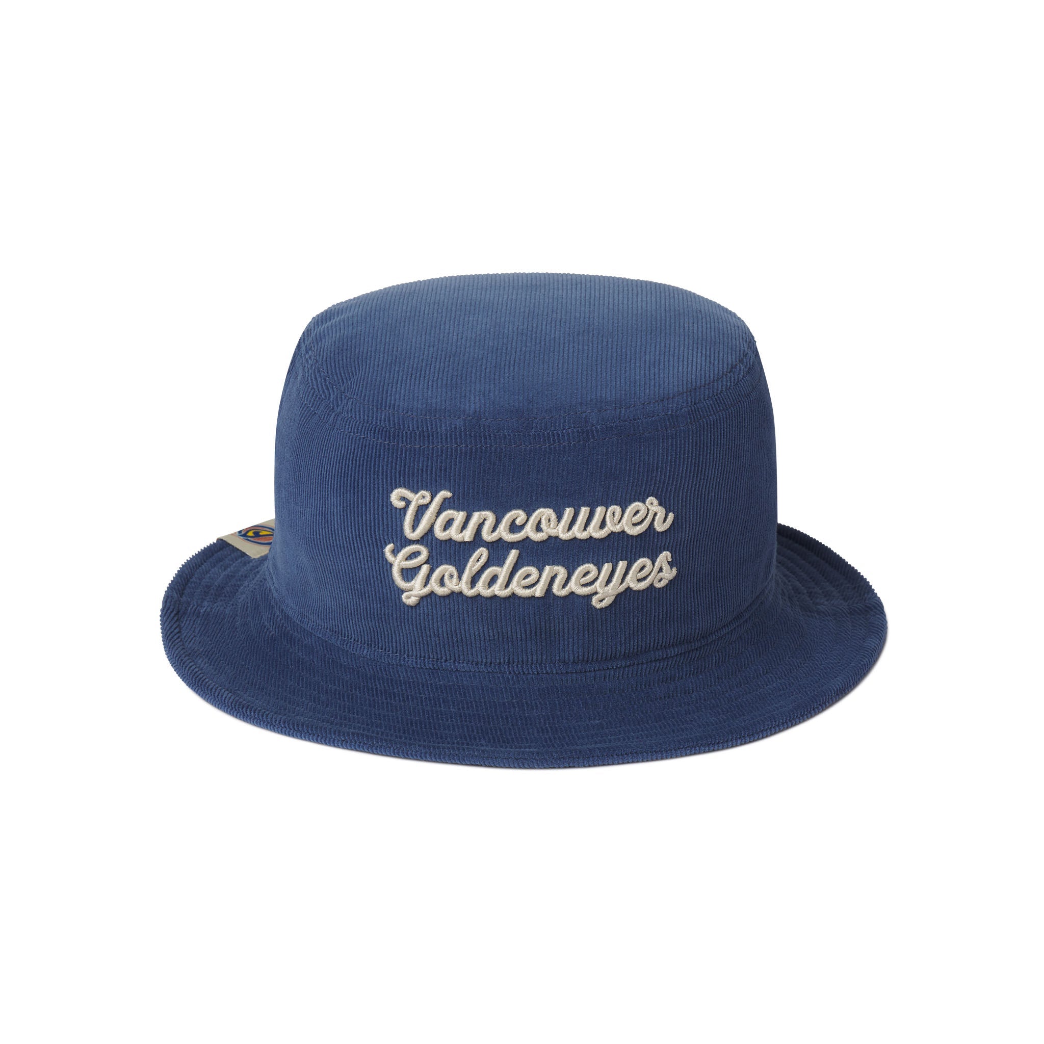 Blue bucket hat with 'Vancouver Goldeneyes' text on a white background