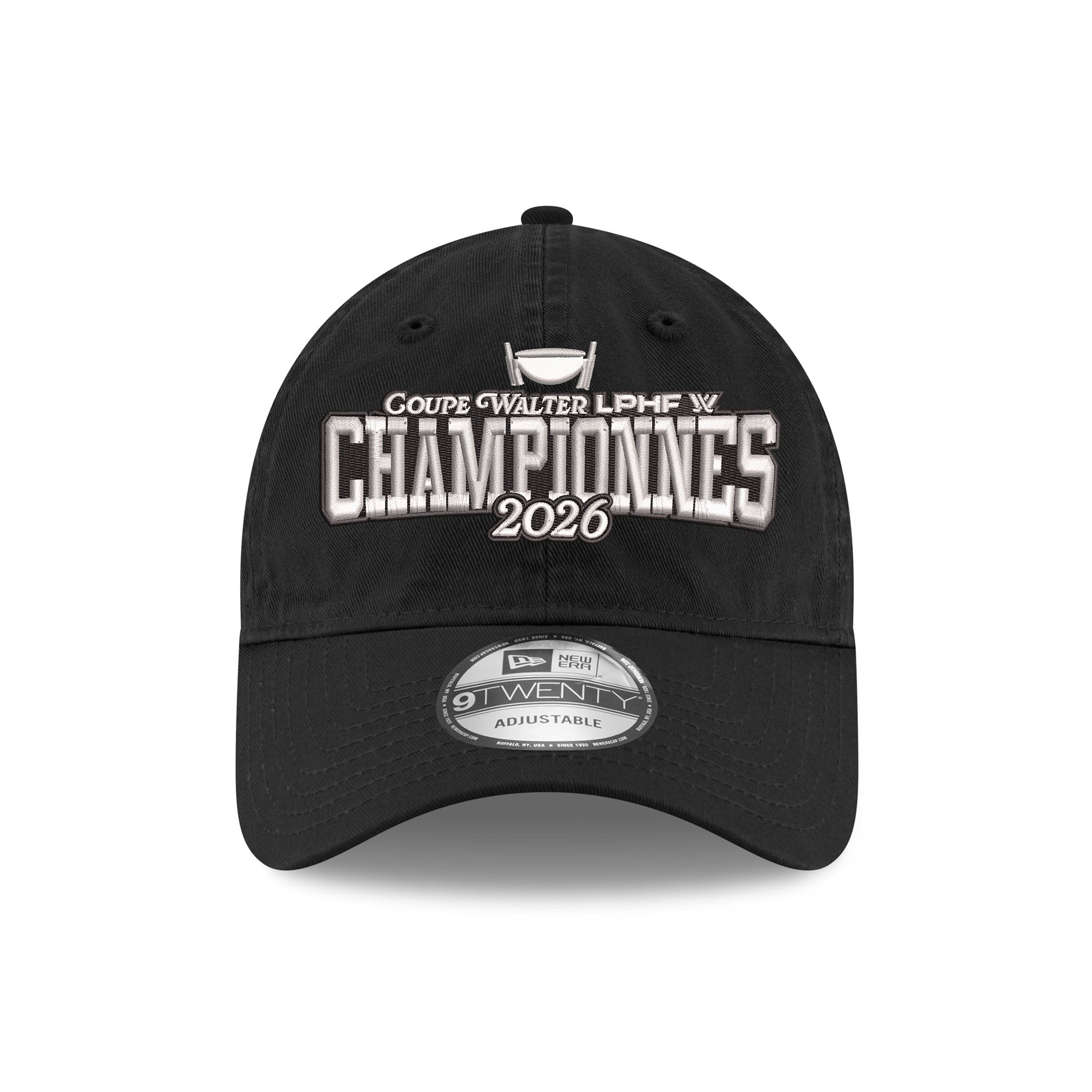 Black cap with white text and branding on a white background