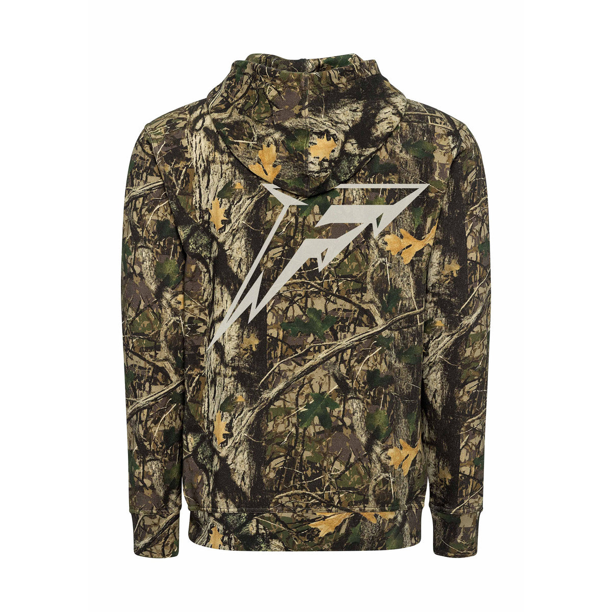 Back of a camouflage hooded sweatshirt. A white mono-color Minnesota Frost logo is in the center.