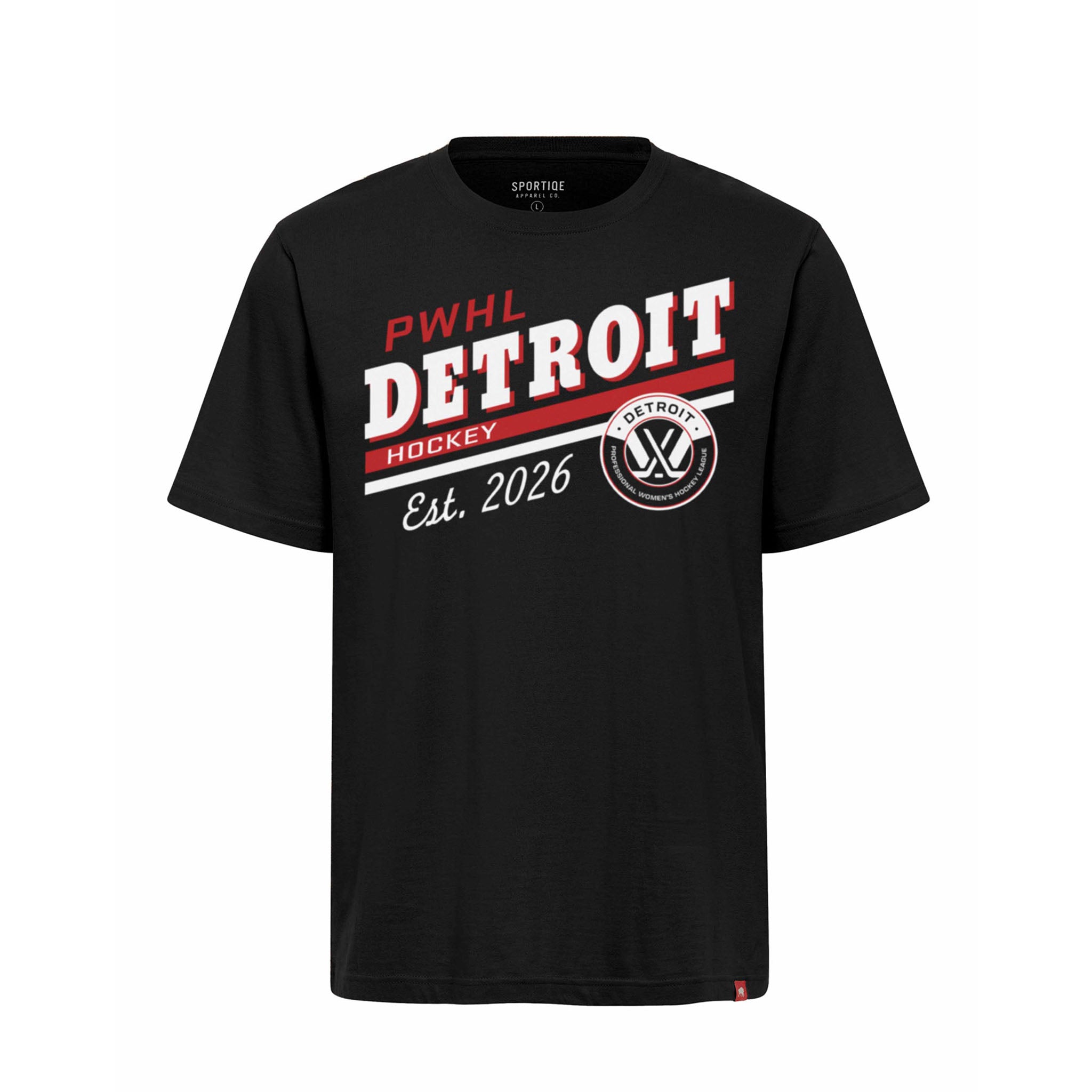 Black t-shirt with 'PWL Detroit Hockey' text and logo on a white background