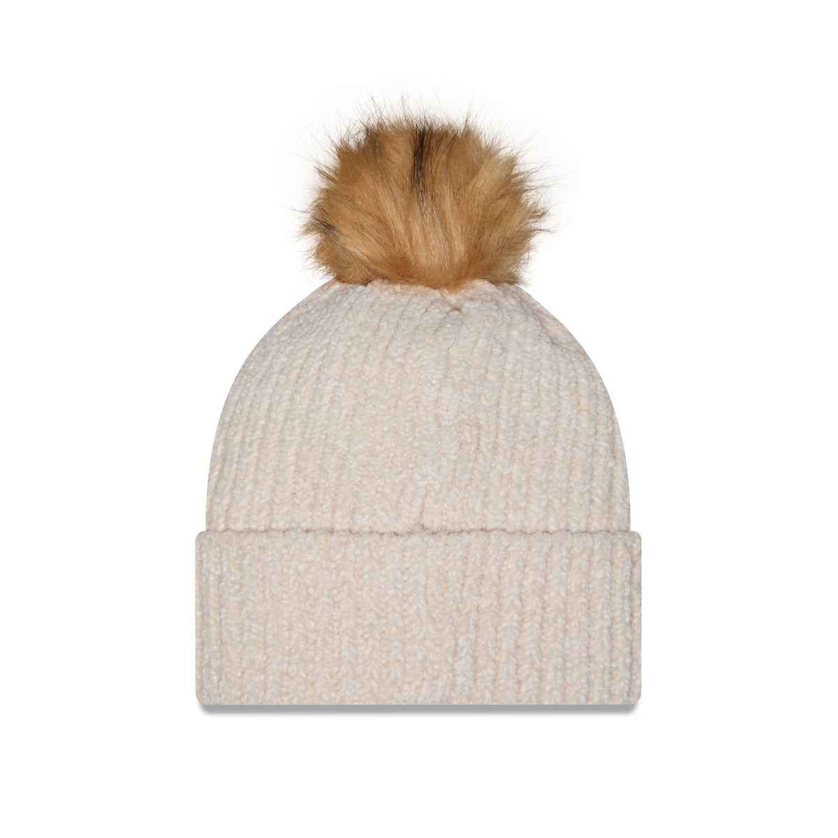 A ribbed knit beanie hat in a light cream-beige color, topped with a fluffy tan-brown faux fur pom-pom, shown against a plain white background.