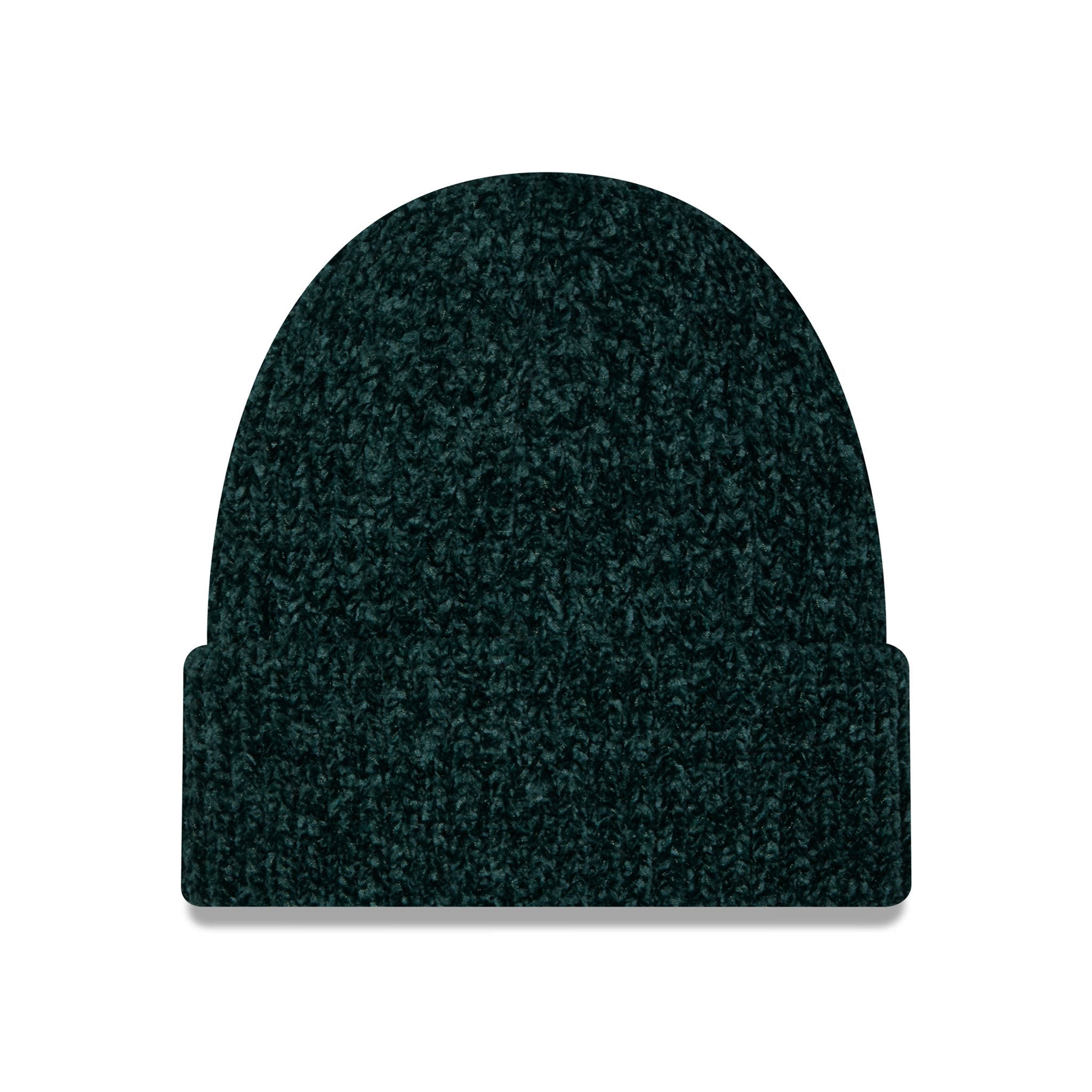 A dark teal heathered knit beanie hat shown flat against a solid white background.