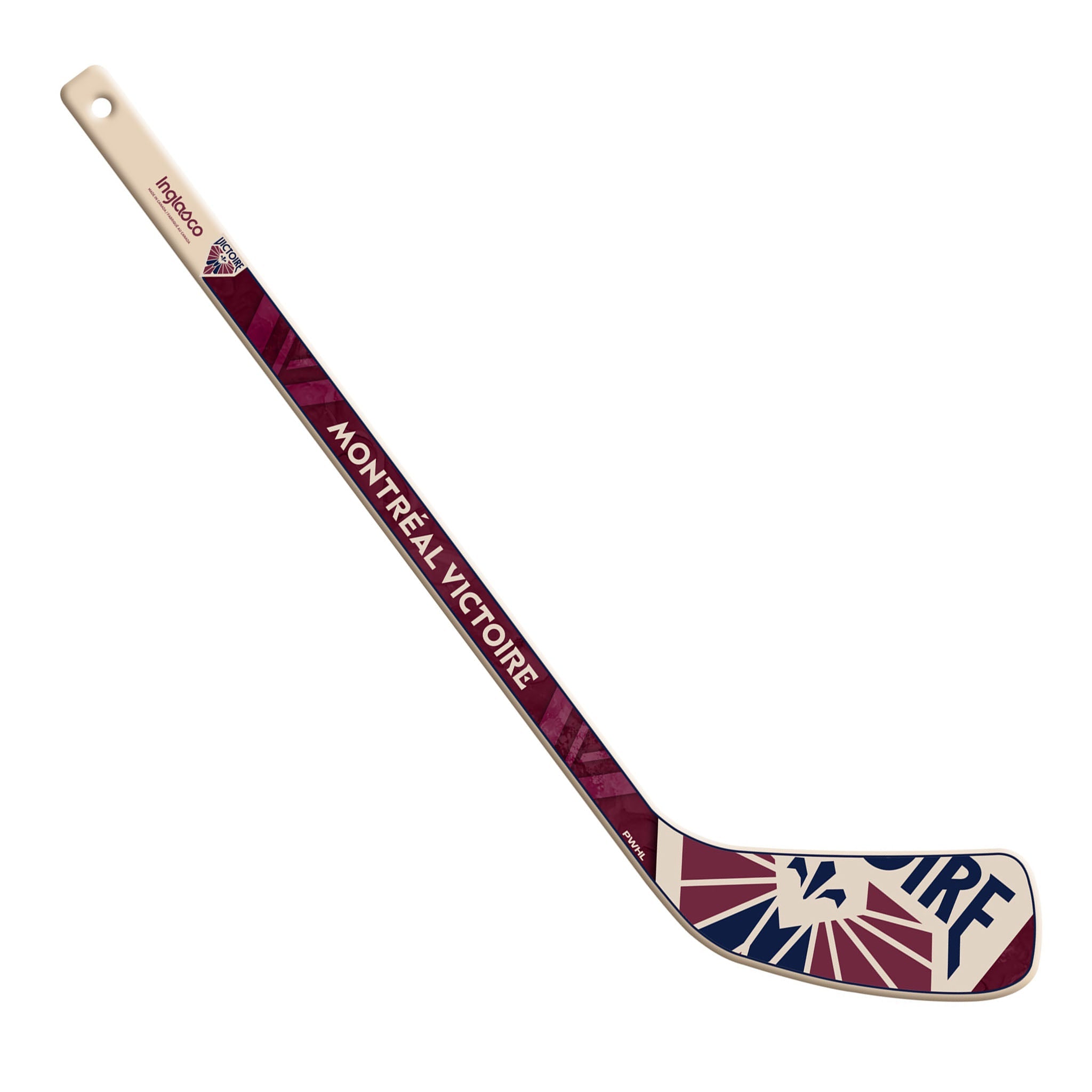 Hockey stick with 'Montreal Victoire' branding on a white background