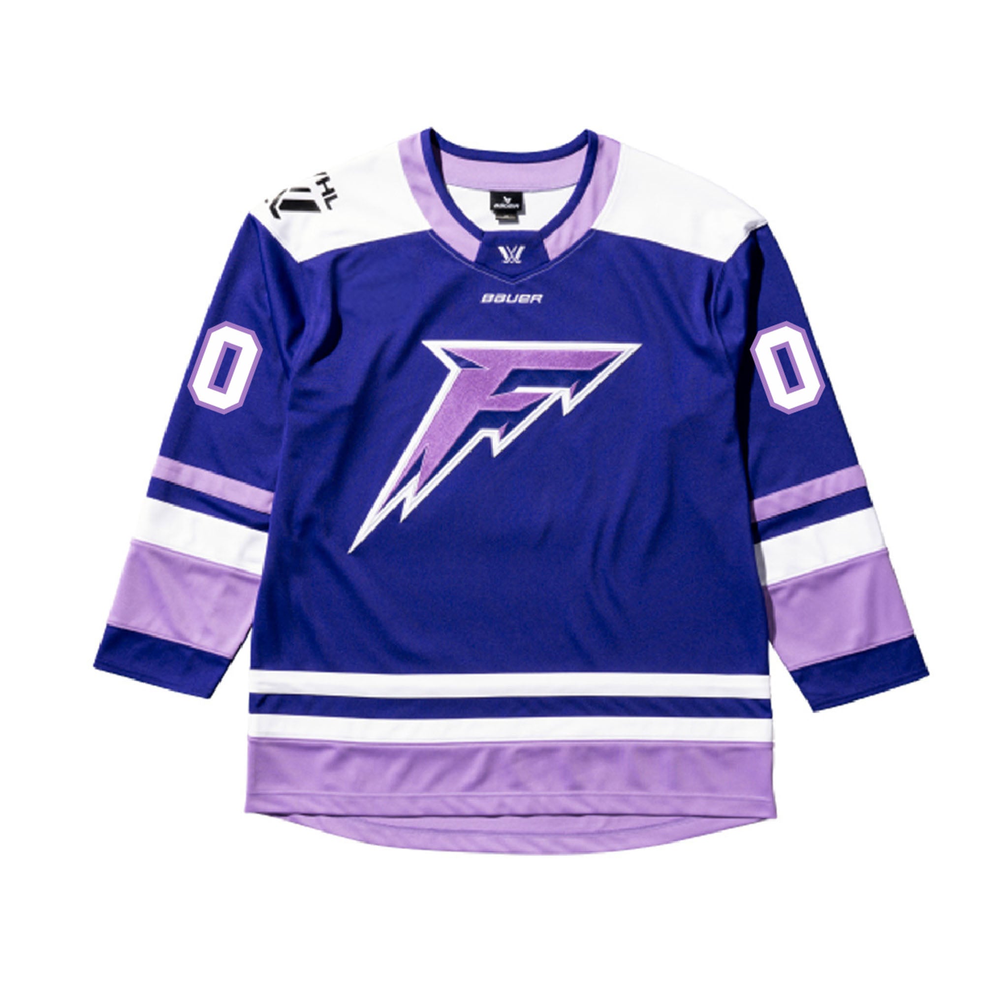 Purple and white hockey jersey with a logo on a white background
