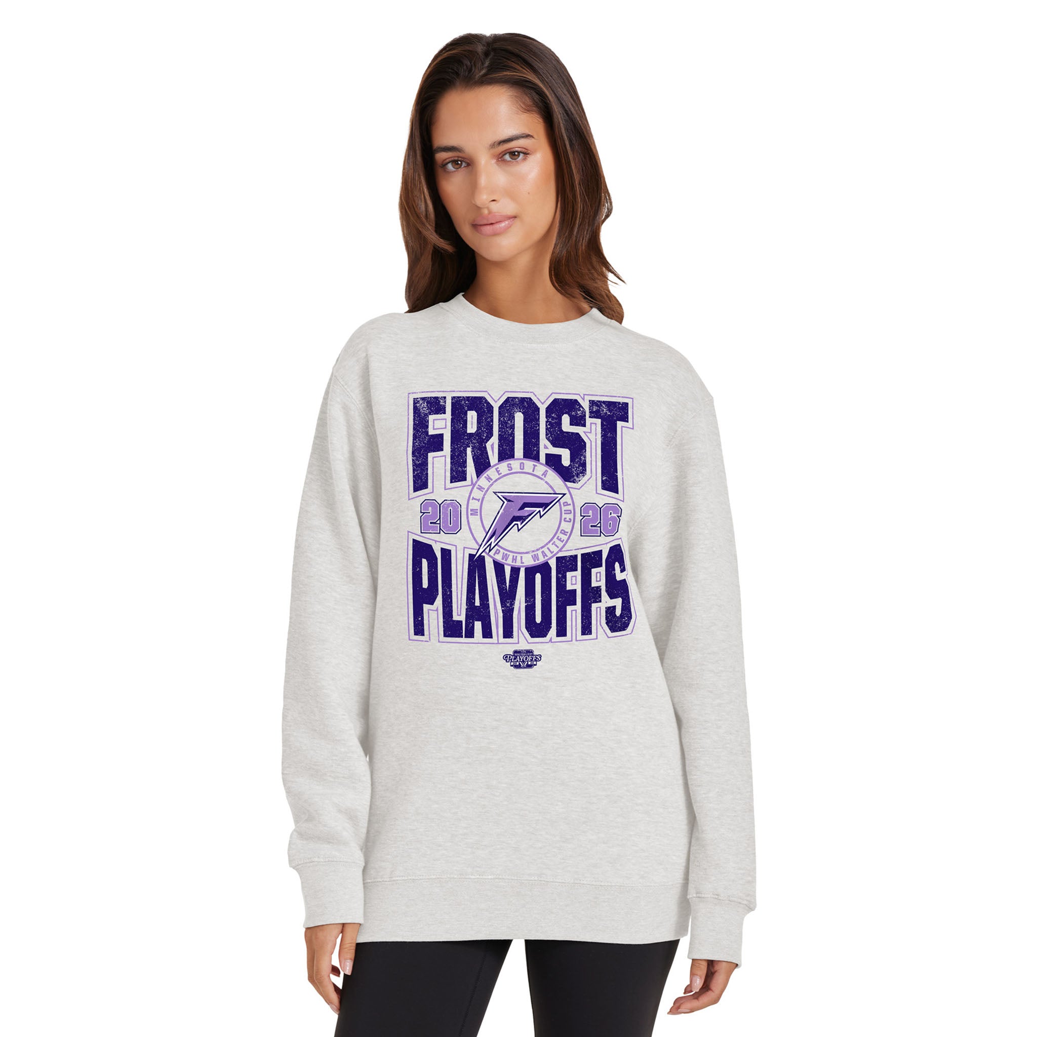 Woman wearing a gray sweatshirt with 'Frost Playoffs' text and logo on a white background