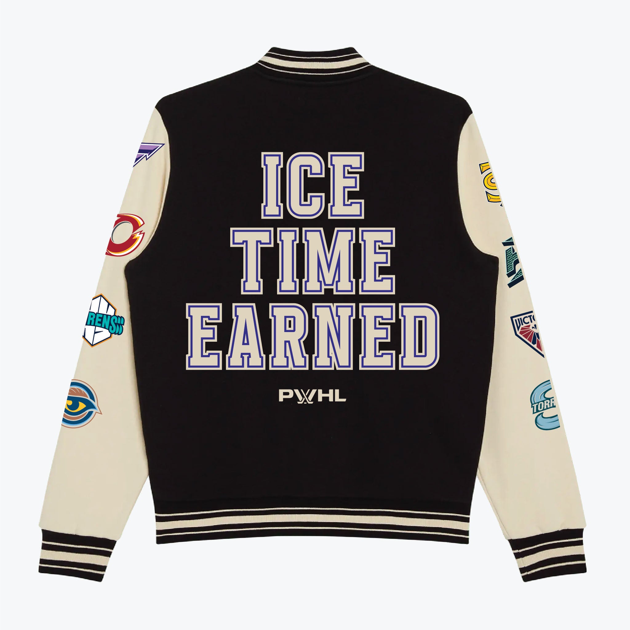 Black and beige varsity jacket with 'ICE TIME EARNED' text and logos on sleeves.