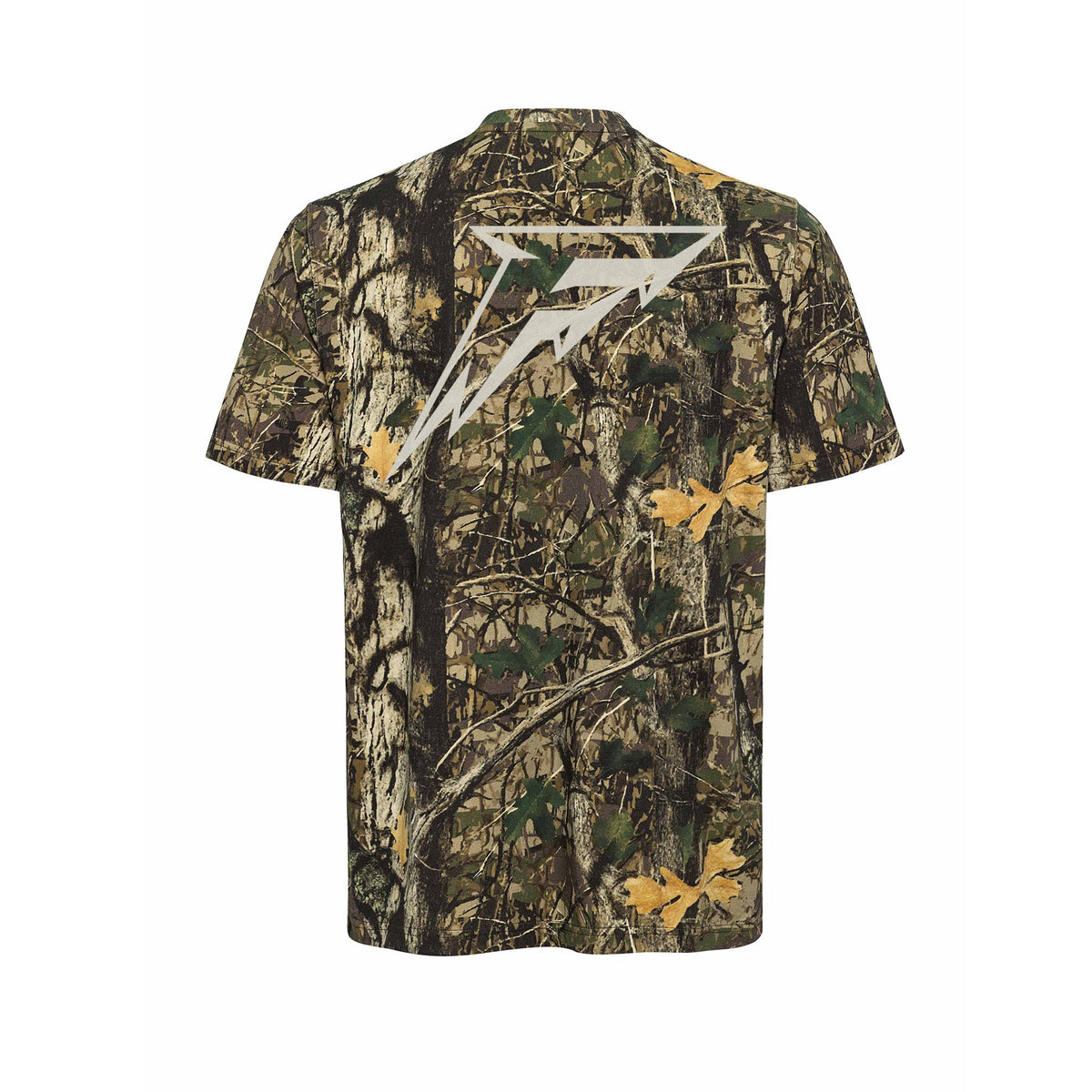 Back of a camouflage short sleeve shirt. A white mono-color Minnesota Frost logo is in the center.
