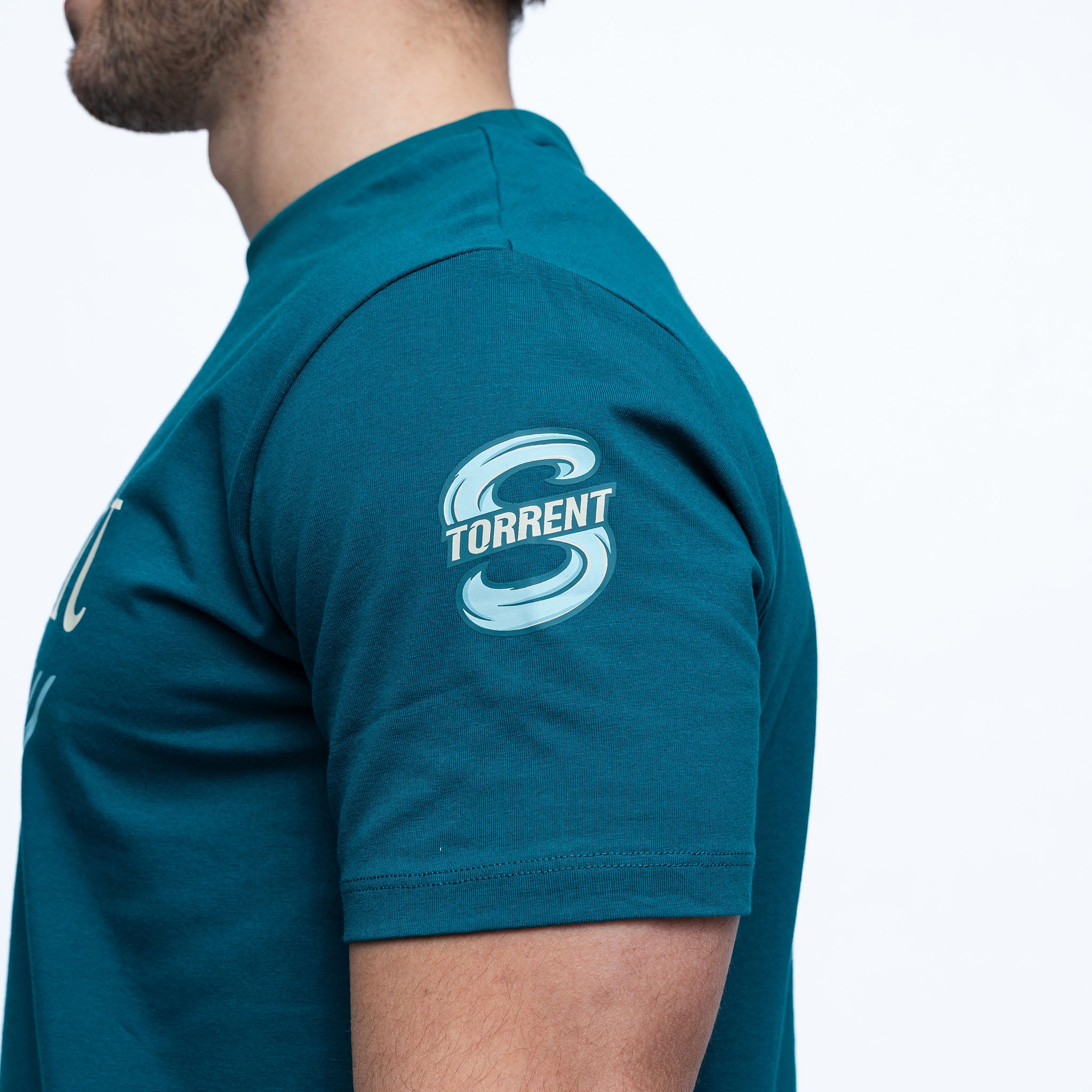 Teal t-shirt with 'Torrent' logo on a white background