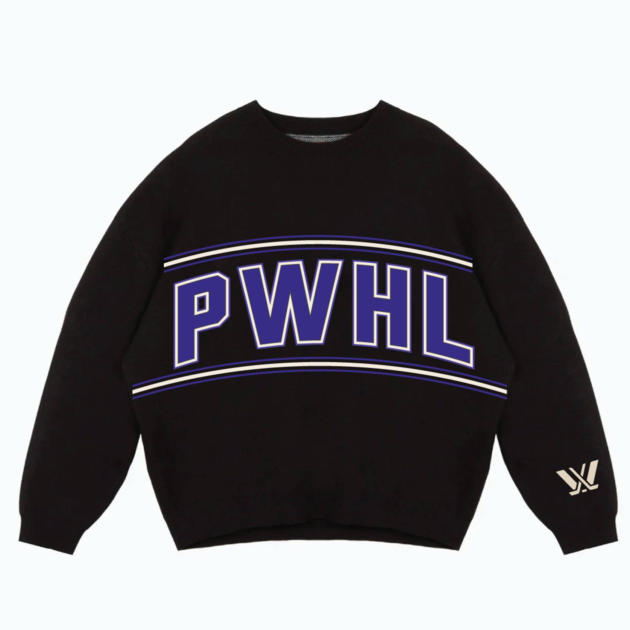 Black sweatshirt with 'PWHL' text on a white background