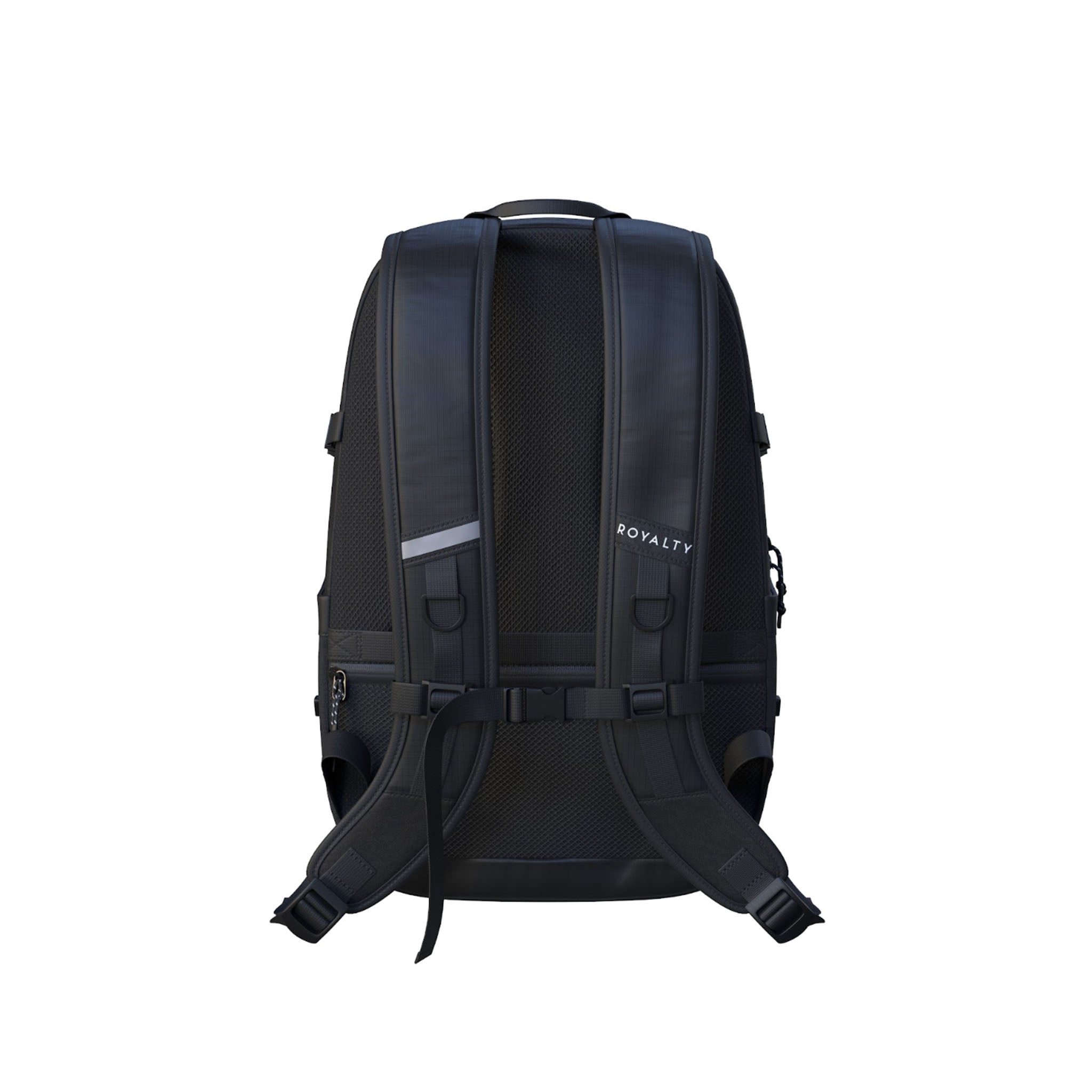 Black backpack shown from the back, featuring padded shoulder straps, a top carry handle, side compression straps, and a small white 'ROYALTY' logo on the right side, set against a plain white background.