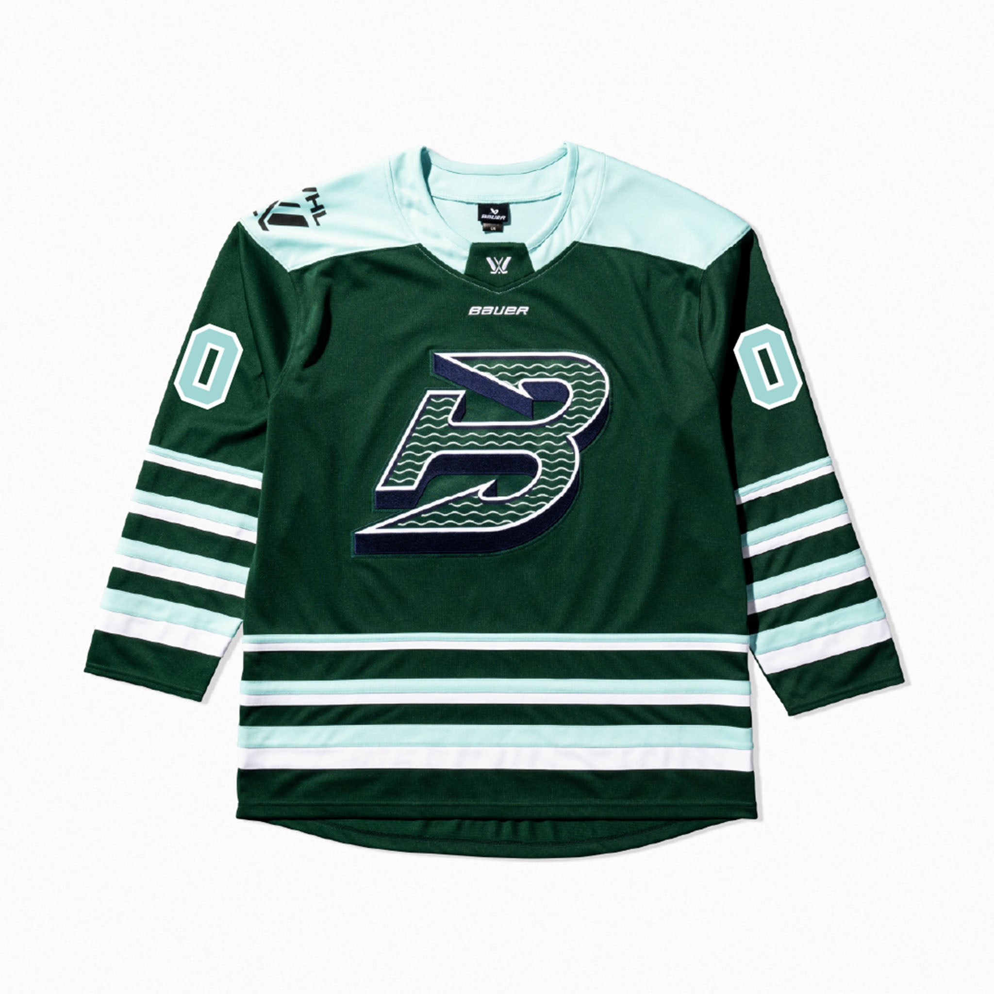Green hockey jersey with a logo on a white background