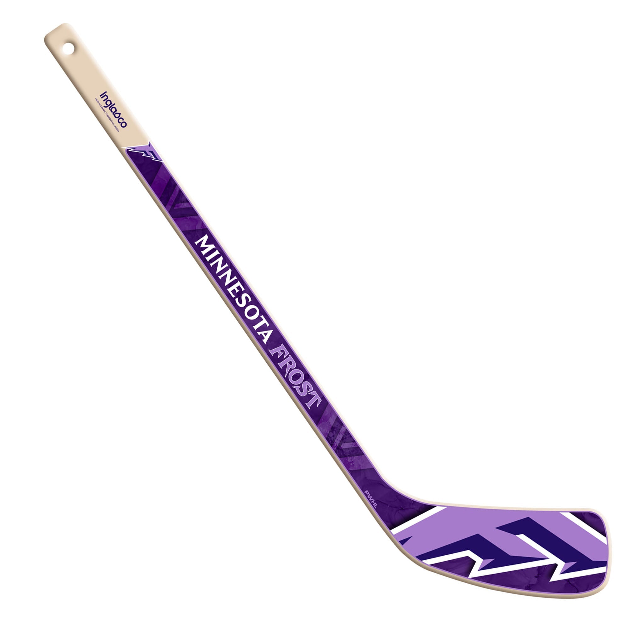 Purple hockey stick with 'Minnesota Frost' branding on a white background