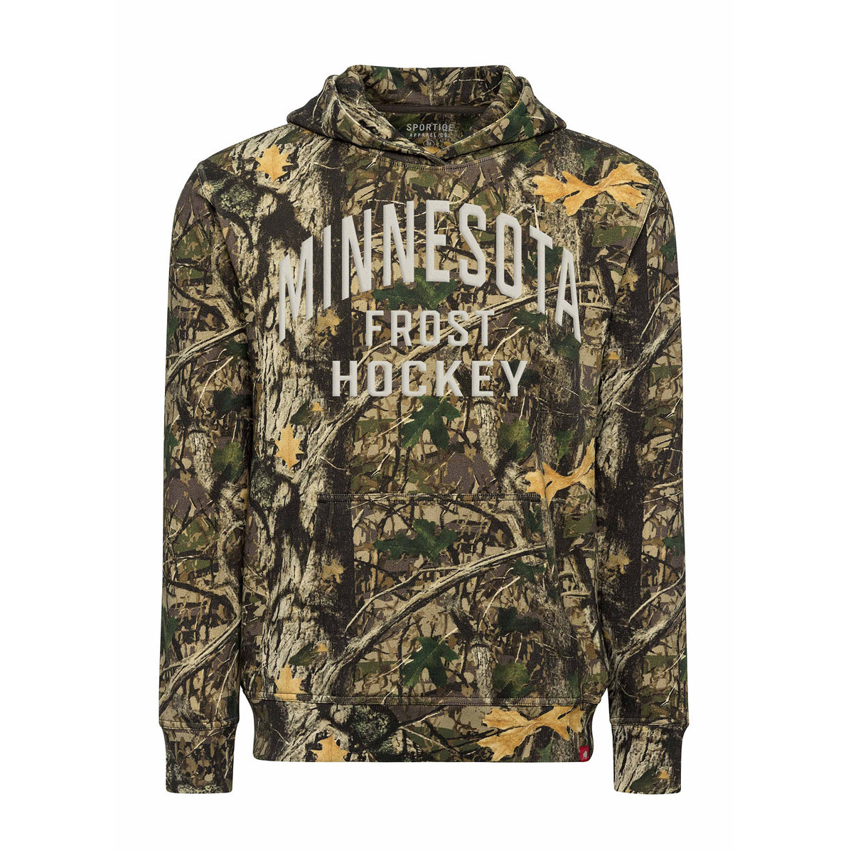 Front of a camouflage hooded sweatshirt. 'MINNESOTA' is arched across the chest. Two lines of white text below it read 'FROST' and 'HOCKEY'.