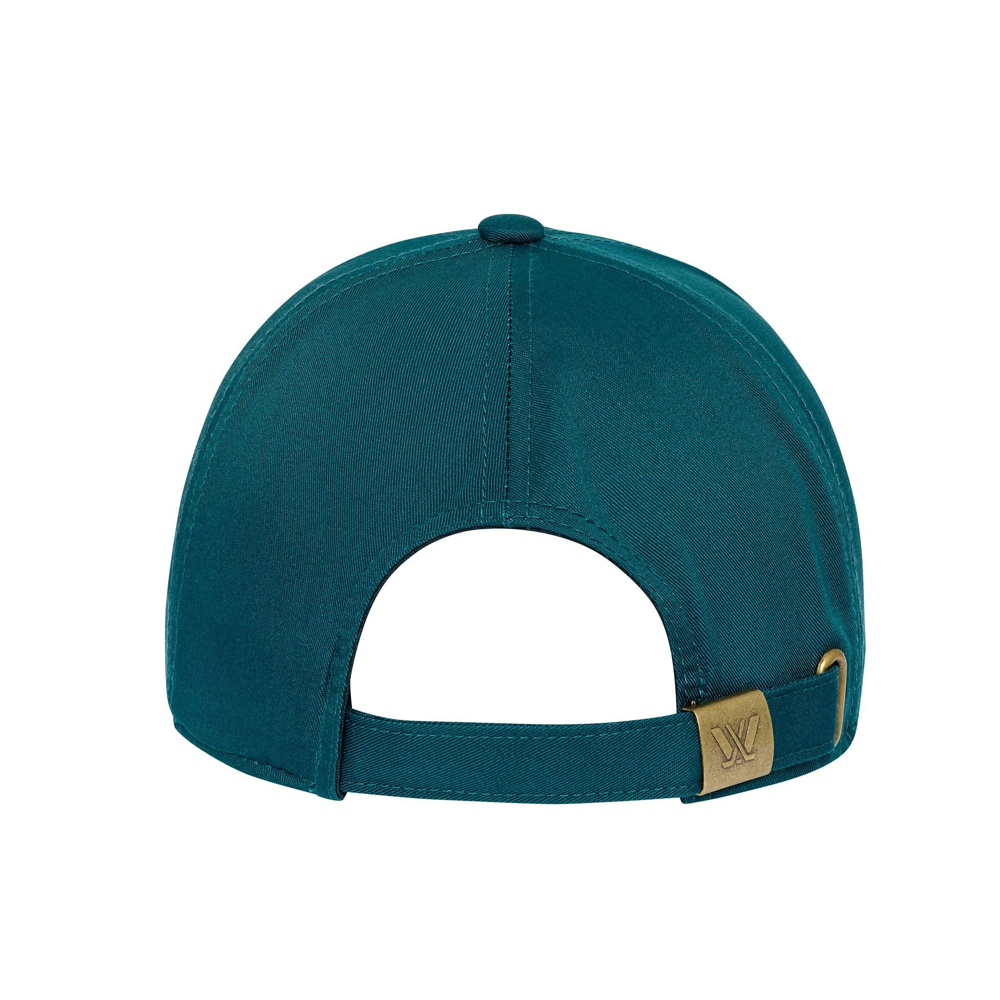 Teal baseball cap with a brown leather patch on a white background