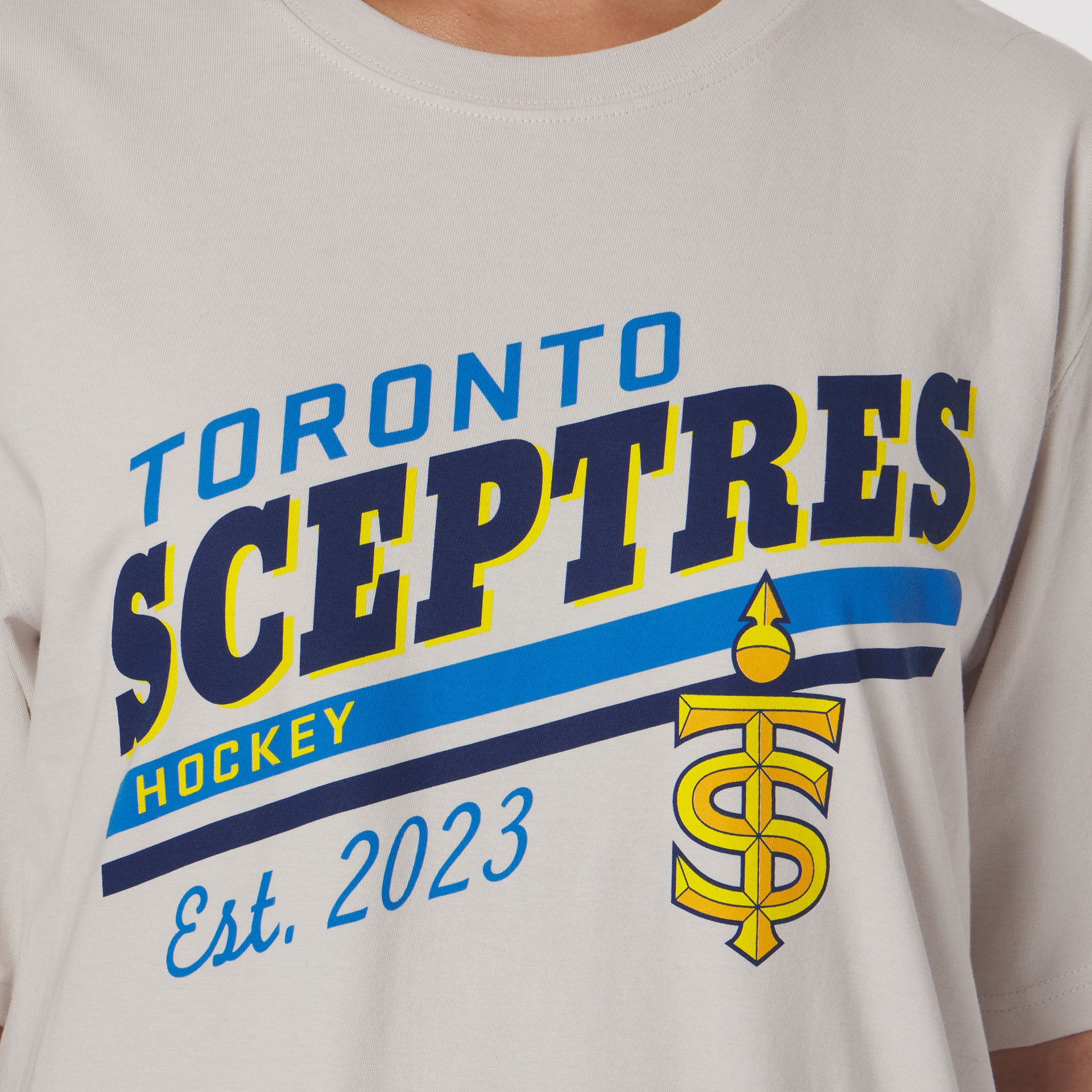 T-shirt with 'Toronto Sceptres Hockey' text and logo on a light gray background
