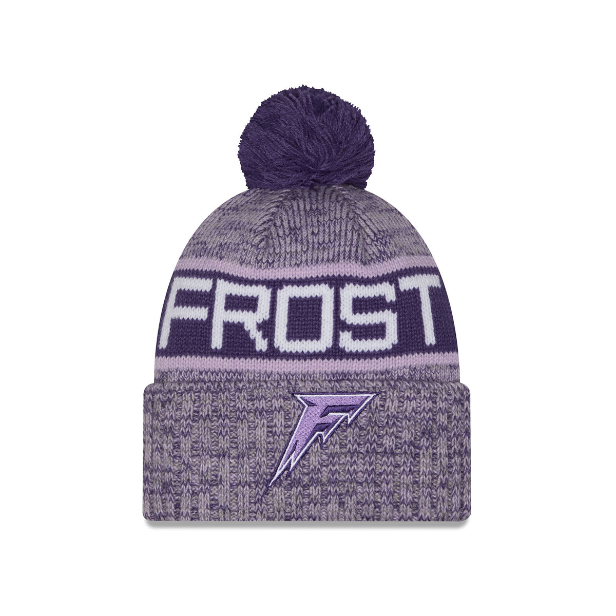 A knit pom-pom beanie in heathered purple and white, featuring the word 'FROST' in white across a dark purple band and a matching purple stylized 'F' logo on the front cuff.