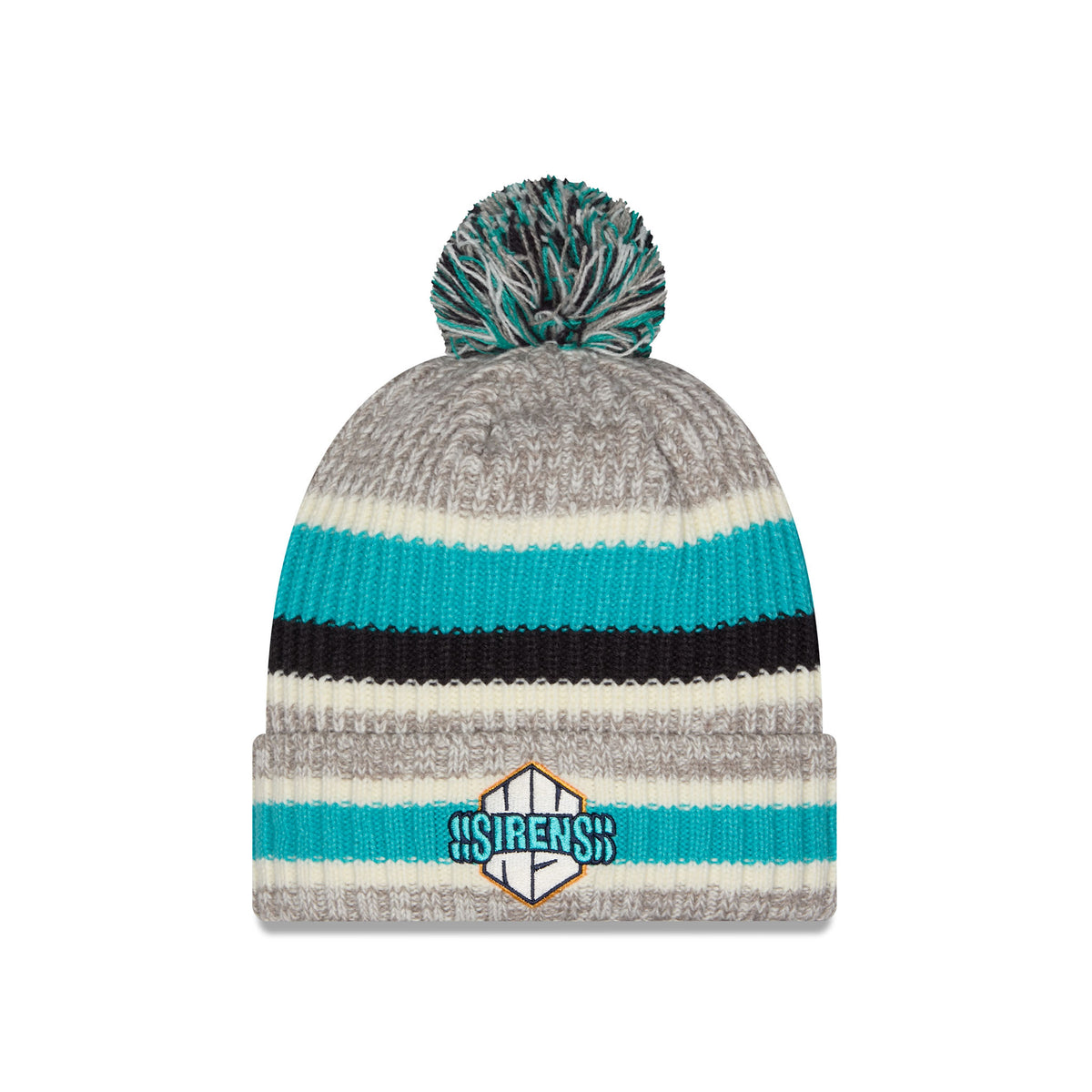 A gray and teal striped knit pom-pom beanie with a white, black, and teal Sirens logo on the front cuff, shown against a plain white background.