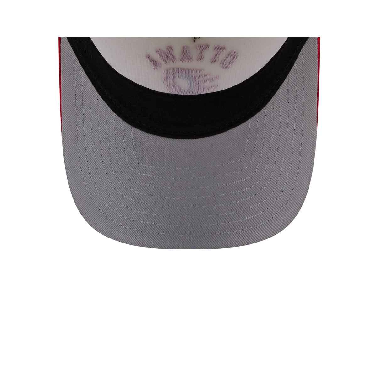 Close-up of the back of a gray baseball cap with a black curved brim, red side panels, and a white back panel featuring the name 'OTTAWA' and a hockey player logo.