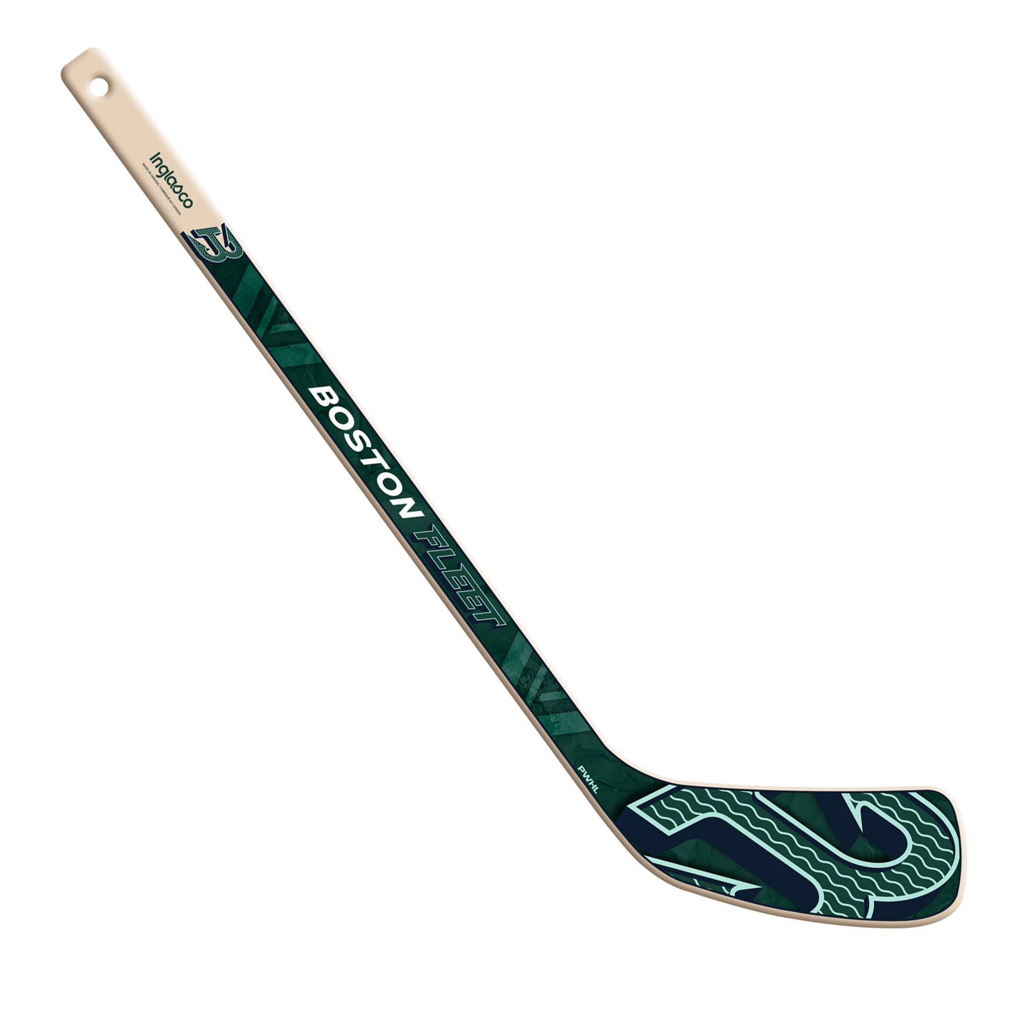 Hockey stick with Boston Fleet logo on a white background