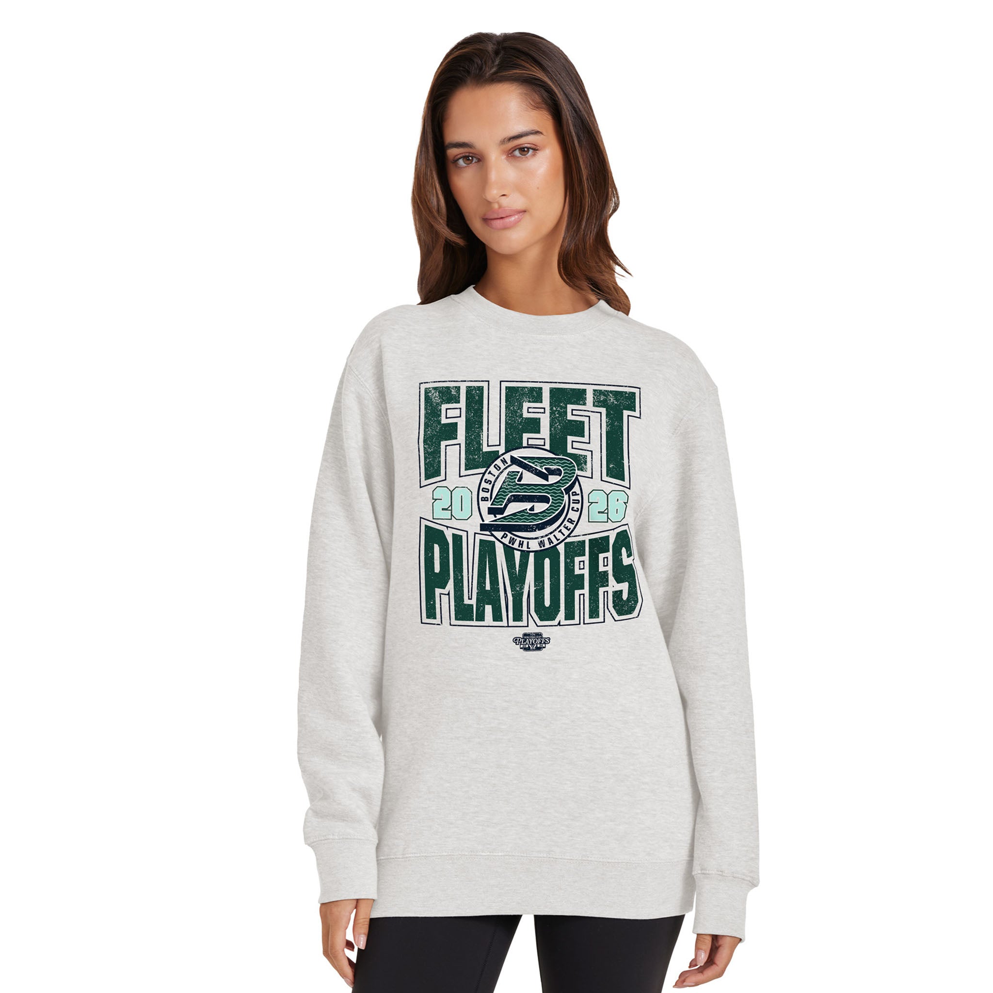 Woman wearing a gray sweatshirt with 'Fleet Playoffs' text and logo on a white background