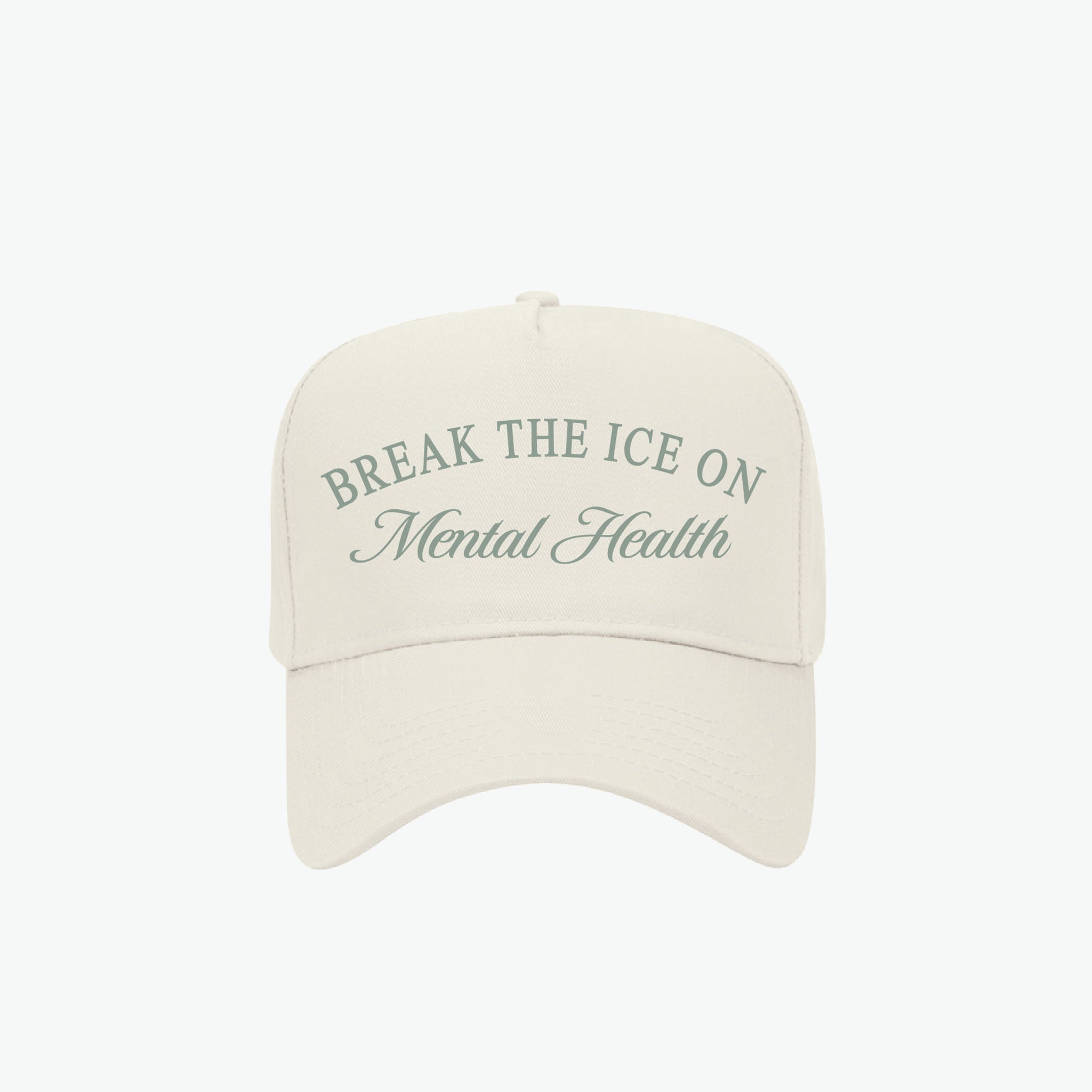 Beige cap with 'Break the Ice on Mental Health' text on a white background