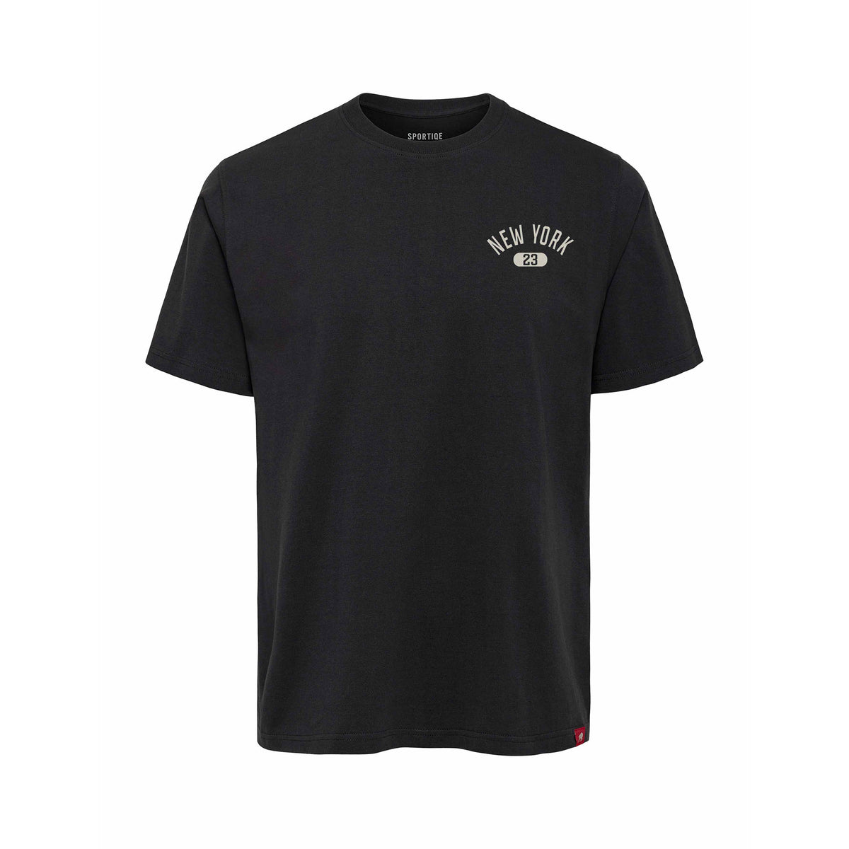 Front of a coal-color short sleeve shirt. On the left chest, 'NEW YORK' in white arched writing with '23' in a white oval below it.