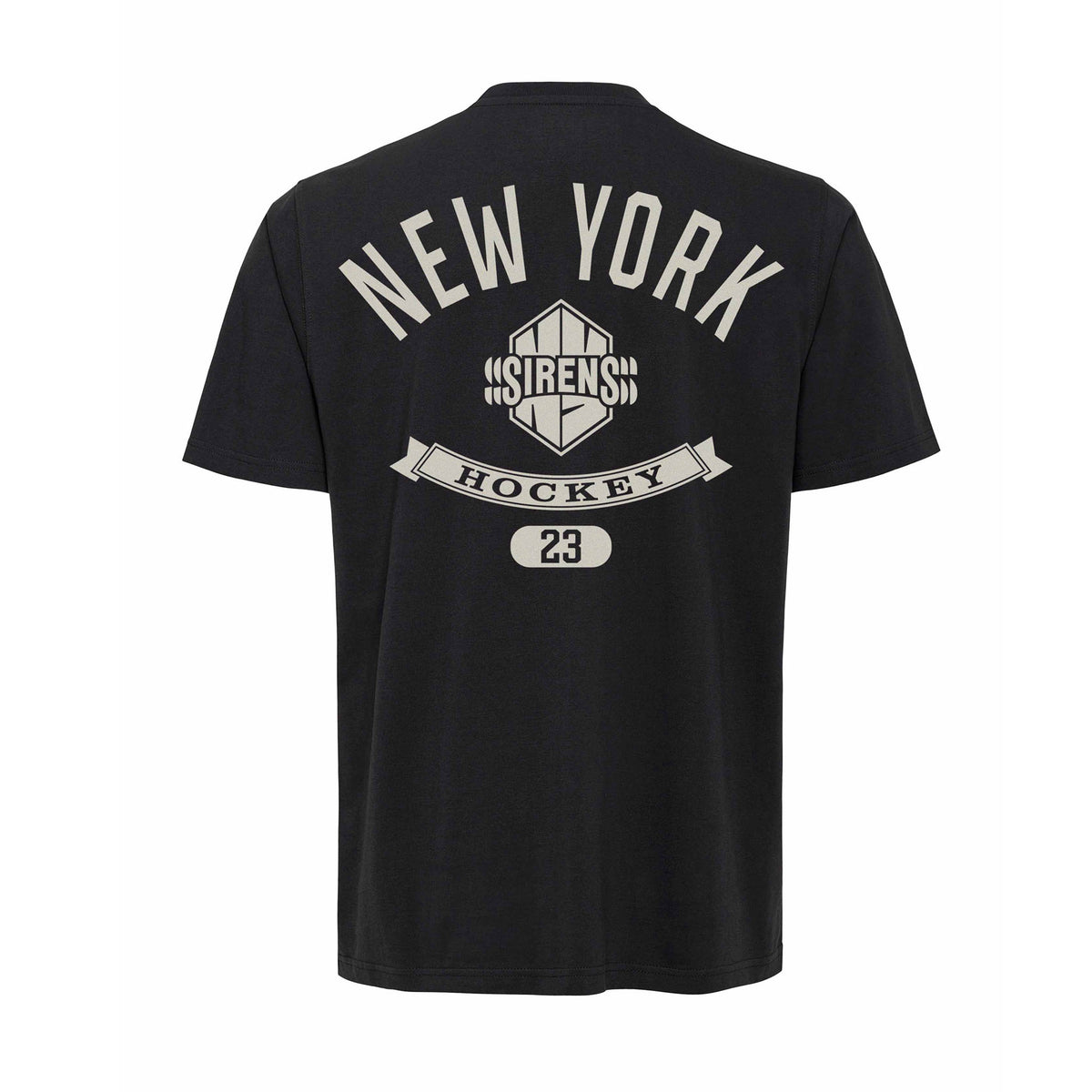 The back of a black short sleeve shirt with a white New York Sirens logo. Above it is 'NEW YORK' in white and below it is a robin with 'HOCKEY' cut out of it and an ovel with '23' cut out.