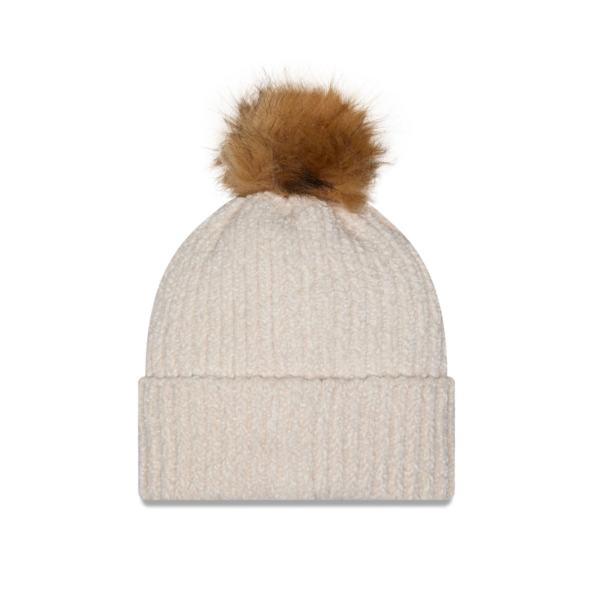 A cream-colored ribbed knit beanie hat with a fluffy brown faux fur pom-pom on top, shown against a plain white background.