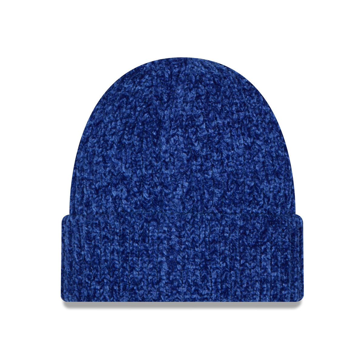 A dark blue heathered knit beanie hat, shown flat against a solid white background.