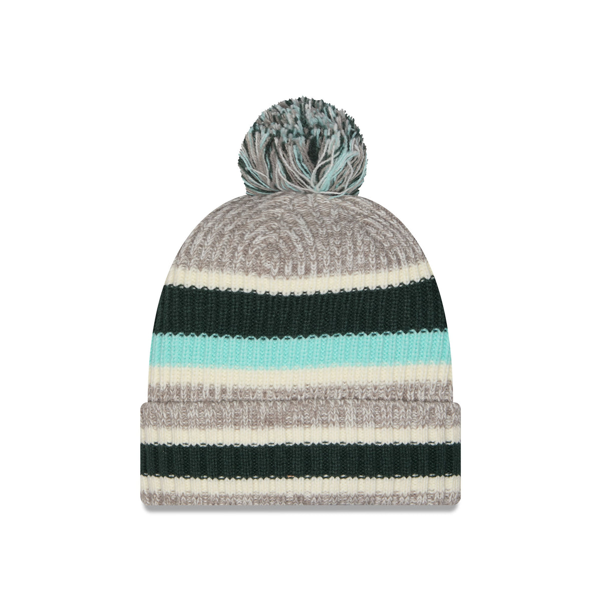 A striped knit beanie hat with a pom-pom, featuring horizontal bands of heather gray, cream, dark green, and light aqua blue, shown on a plain white background.