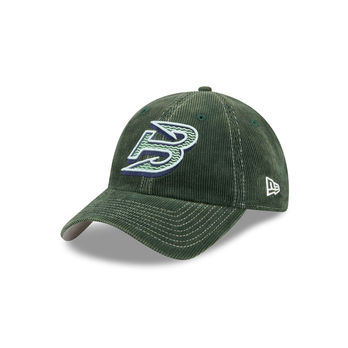 A dark green corduroy baseball cap featuring a stylized embroidered 'B' logo on the front with a blue outline and a white New Era flag logo on the side, set against a plain white background.
