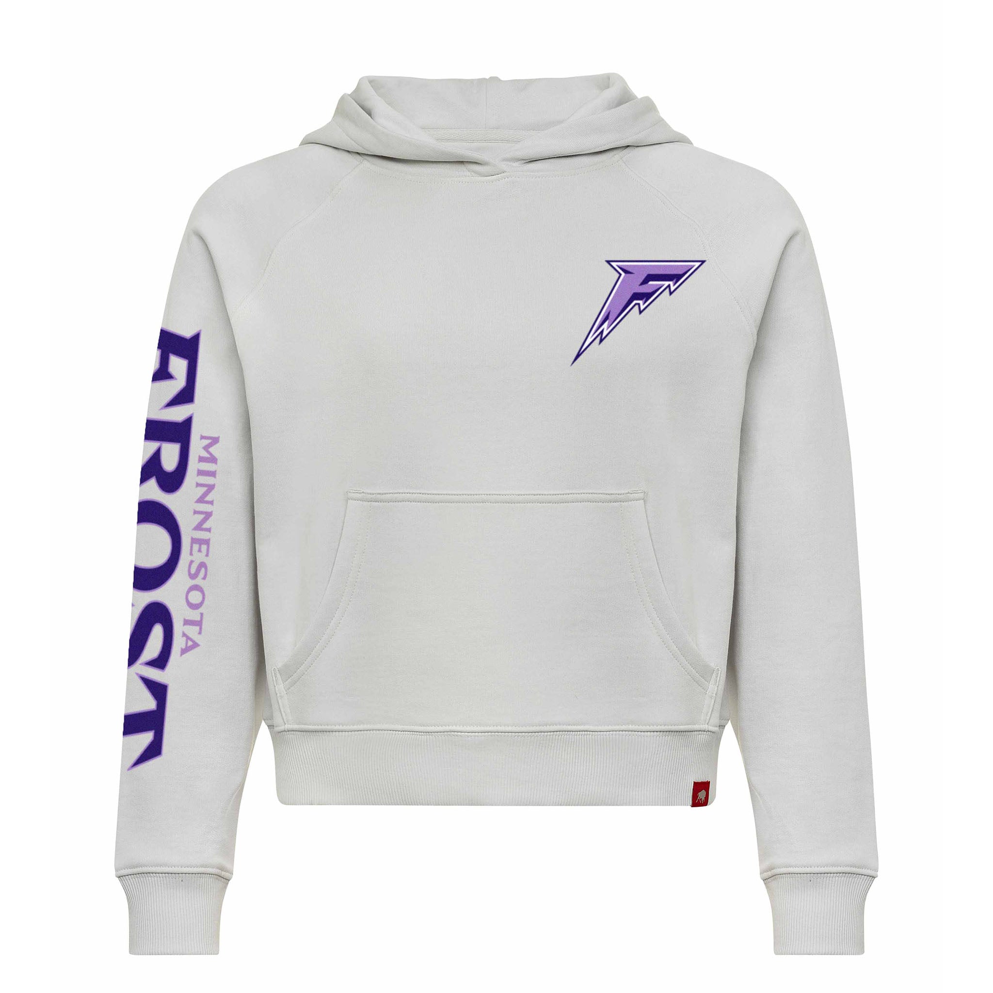 White hoodie with purple logo and text on a white background