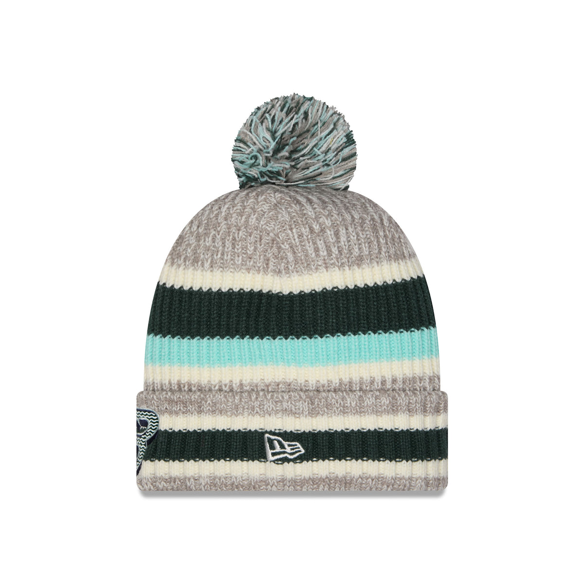 A striped knit pom-pom beanie hat by New Era, featuring horizontal stripes of heather gray, dark forest green, cream, and light aqua blue, with a matching gray and blue pom-pom on top.
