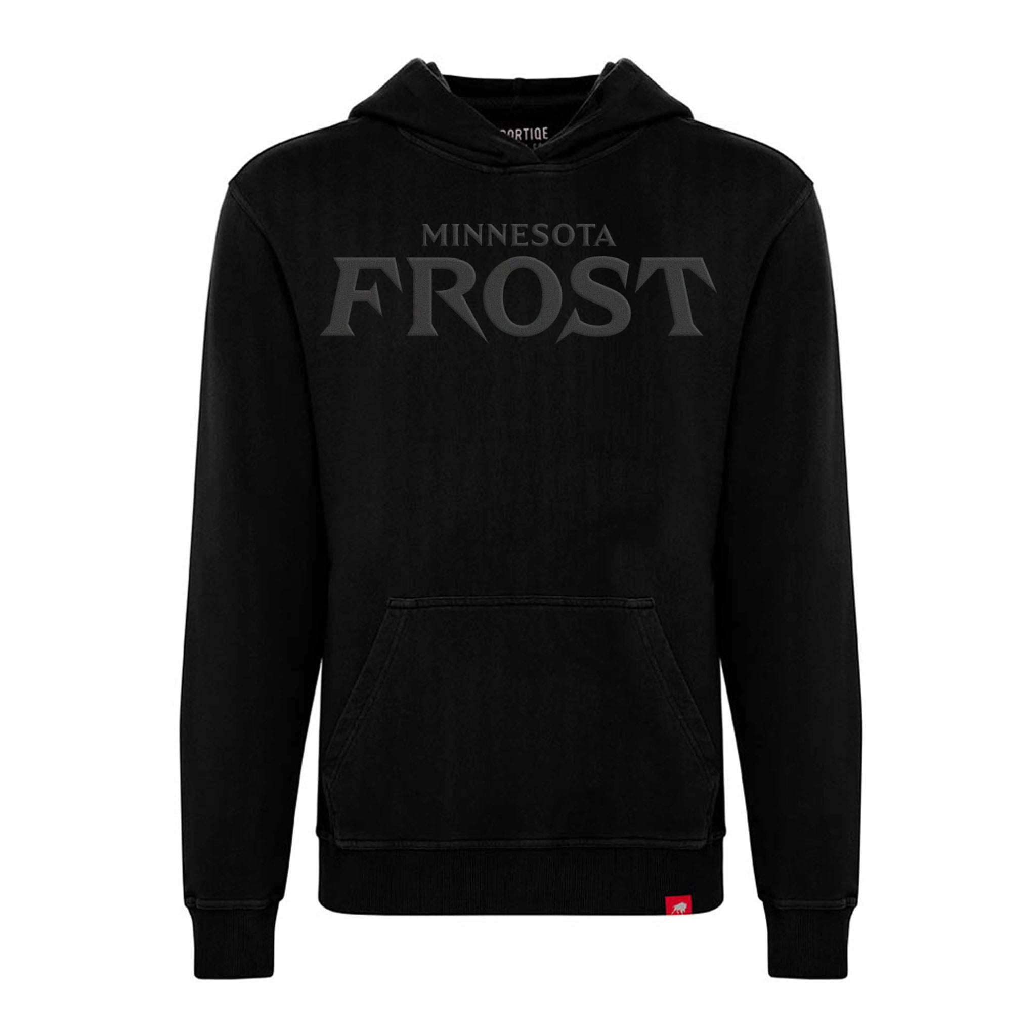 Black hoodie with 'Minnesota Frost' text on a white background