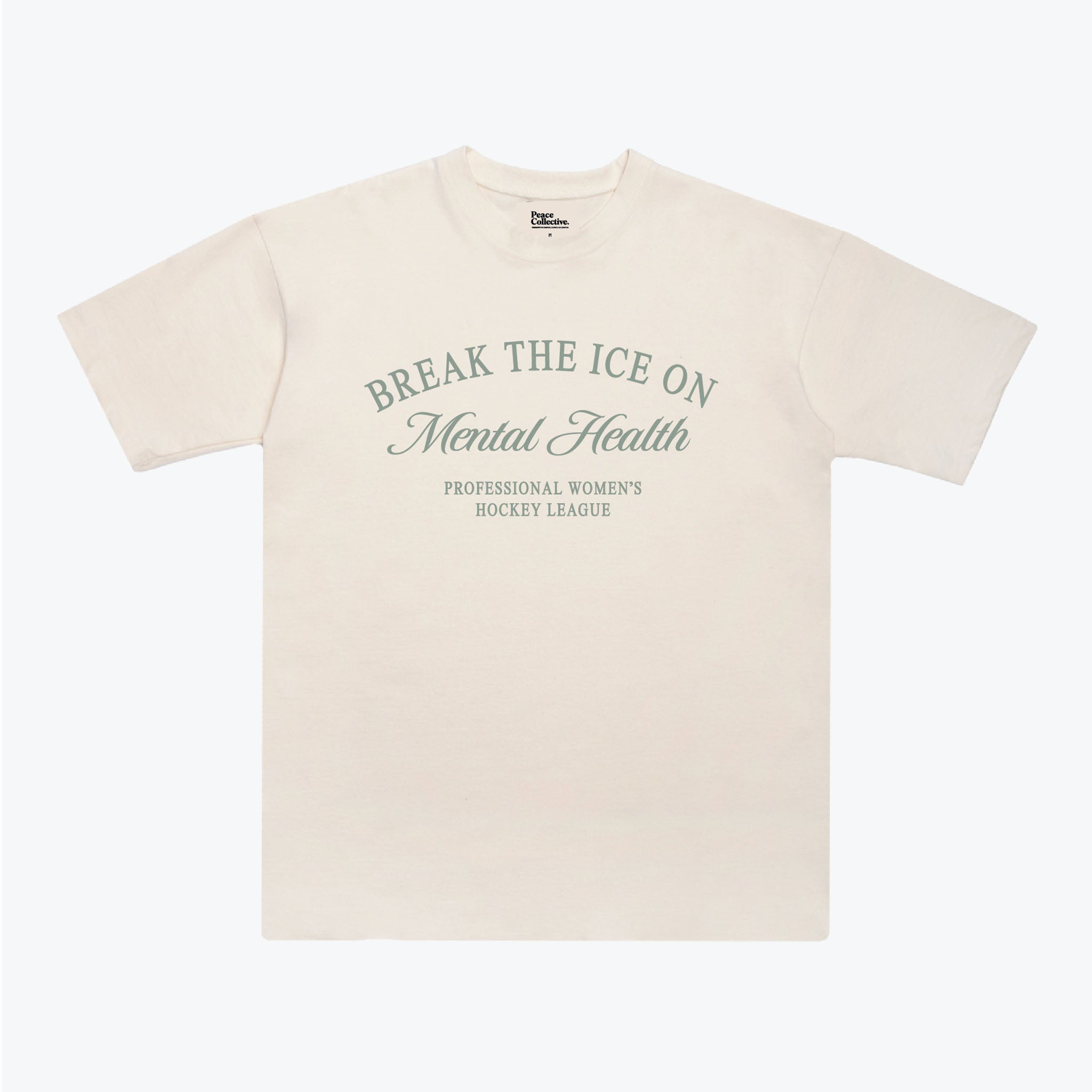 Beige t-shirt with text 'Break the Ice on Mental Health' on a white background